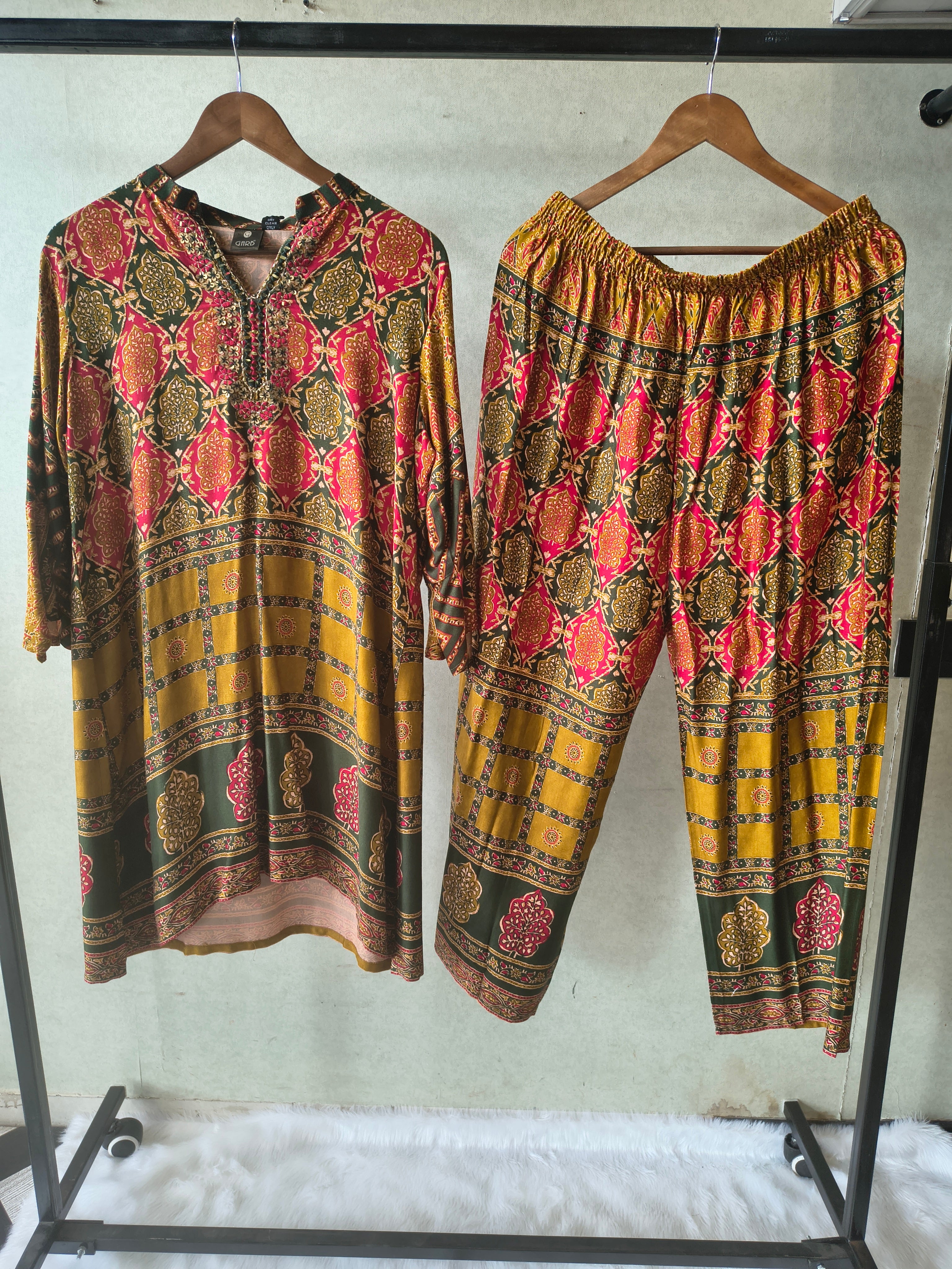 Image of Premium Olive Green & Mustard Heritage Print Co-Ord Kurta Set with Straight Pants