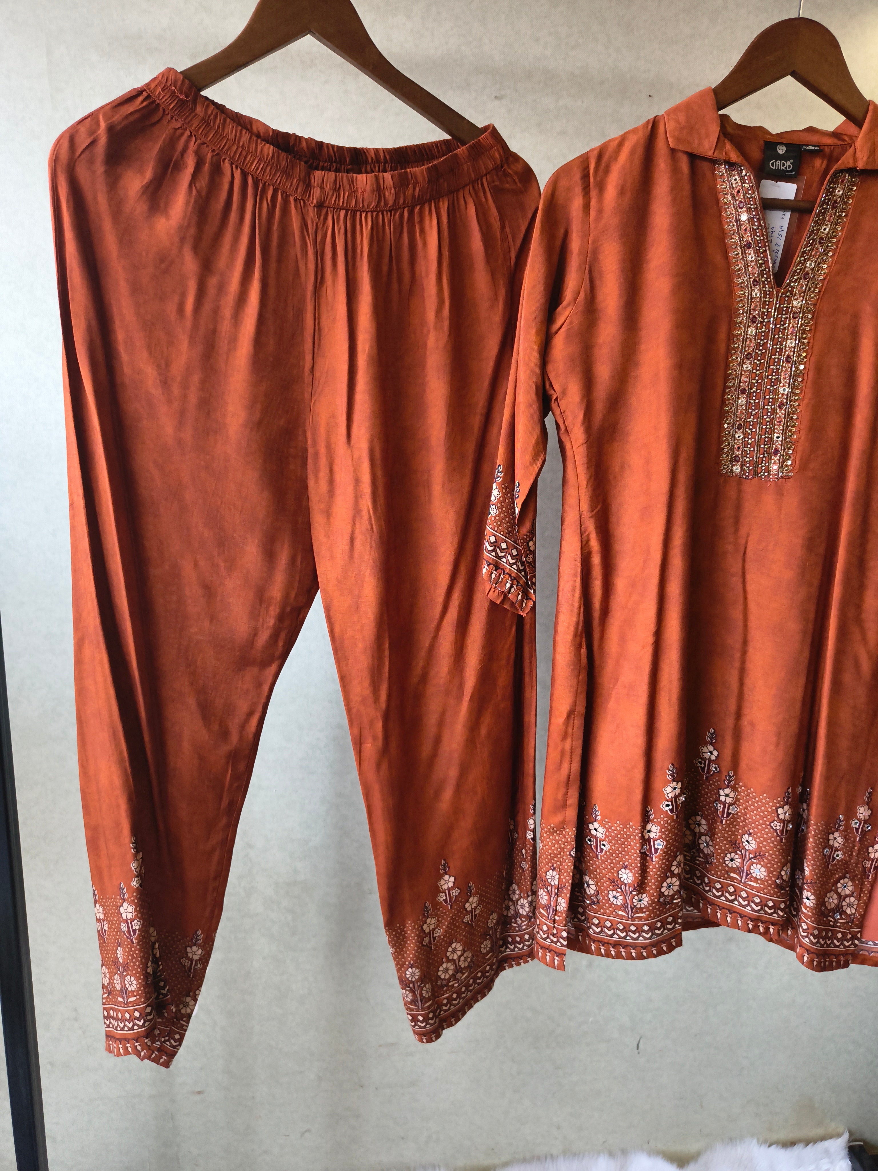 Image of Rust Brown Designer Ethnic Co-Ord Set with Embellished Neckline & Printed Borders