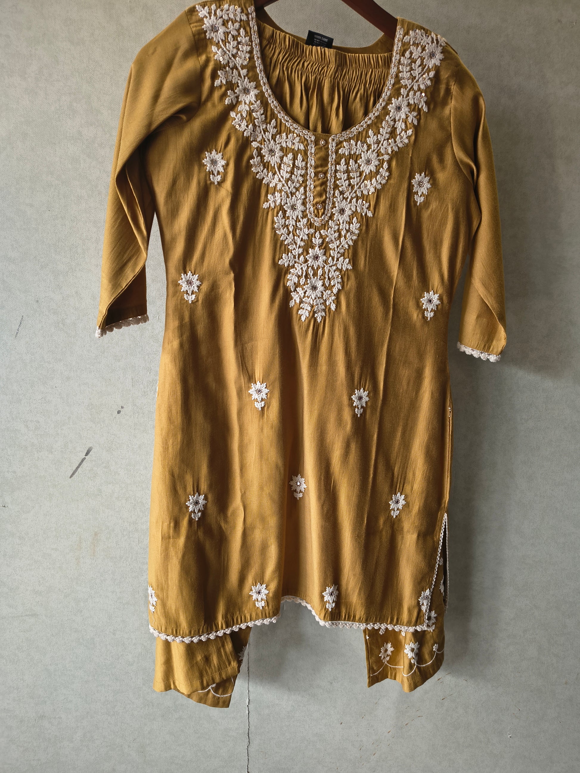 Mustard Yellow White Embroidered Premium Kurta Pant Co-Ord Set