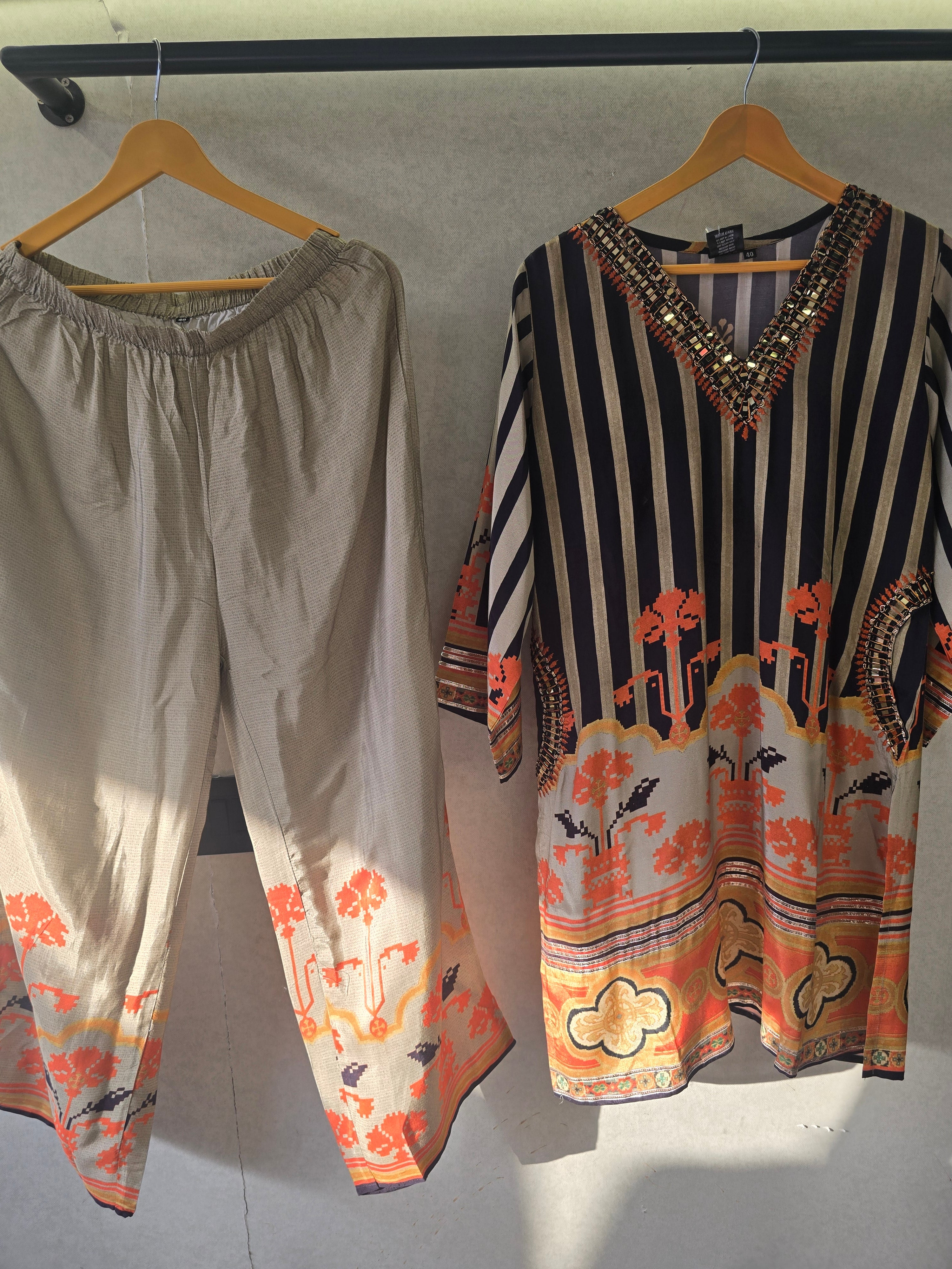 Image of Navy Stripe Mirror Work Kaftan Co-Ord Set