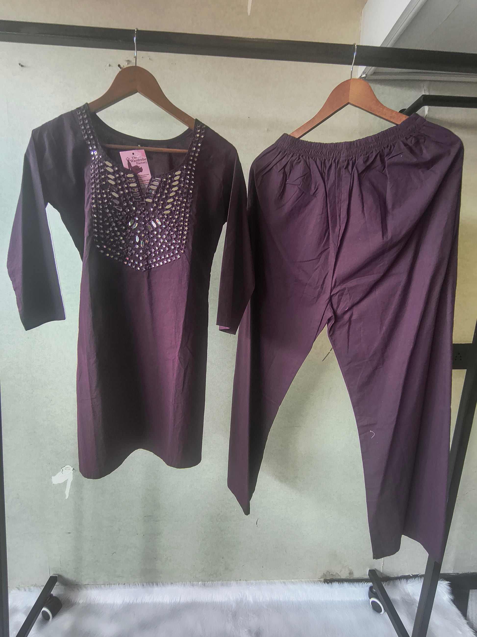 Premium Deep Wine Straight Kurta Set with Mirror Embellished Yoke & Solid Palazzo Pants