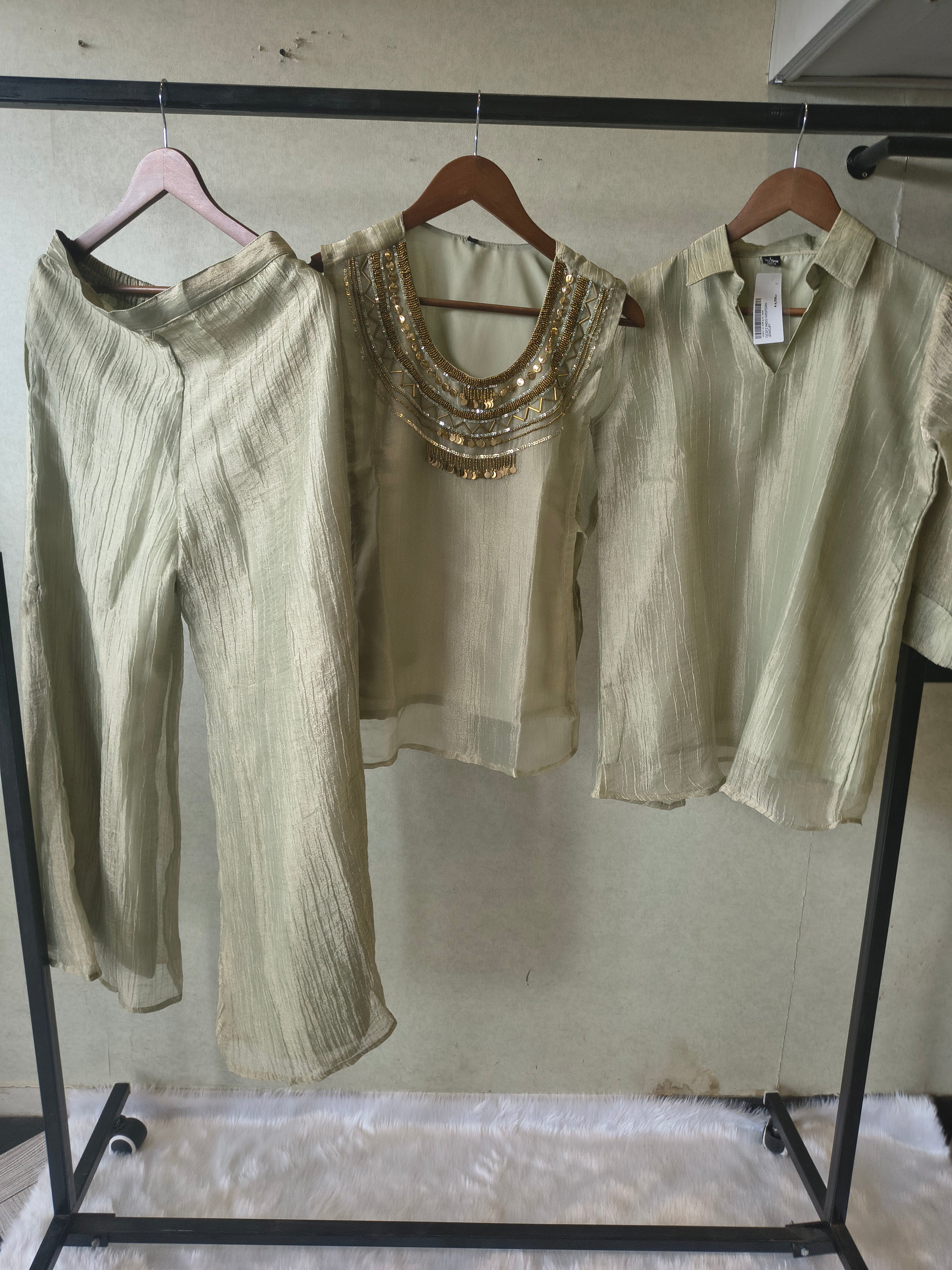 Image of Premium Sage Grey Tissue Silk 3-Piece Co-Ord Set with Antique Hand Embellished Jacket, Inner & Palazzo