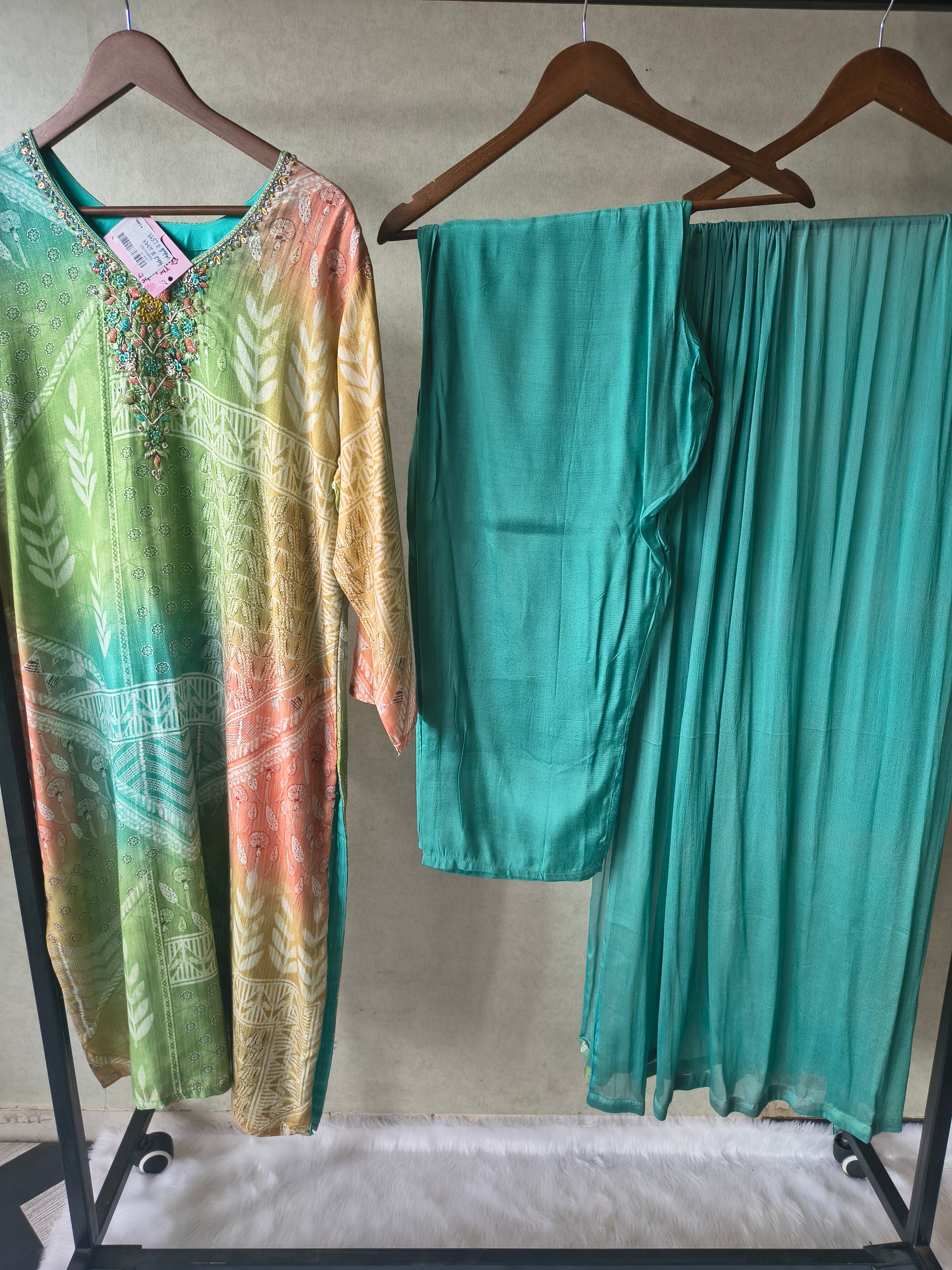 Premium Aqua Ombre Printed Kurta Set with Hand-Embellished Neckline, Solid Pants & Chiffon Dupatta