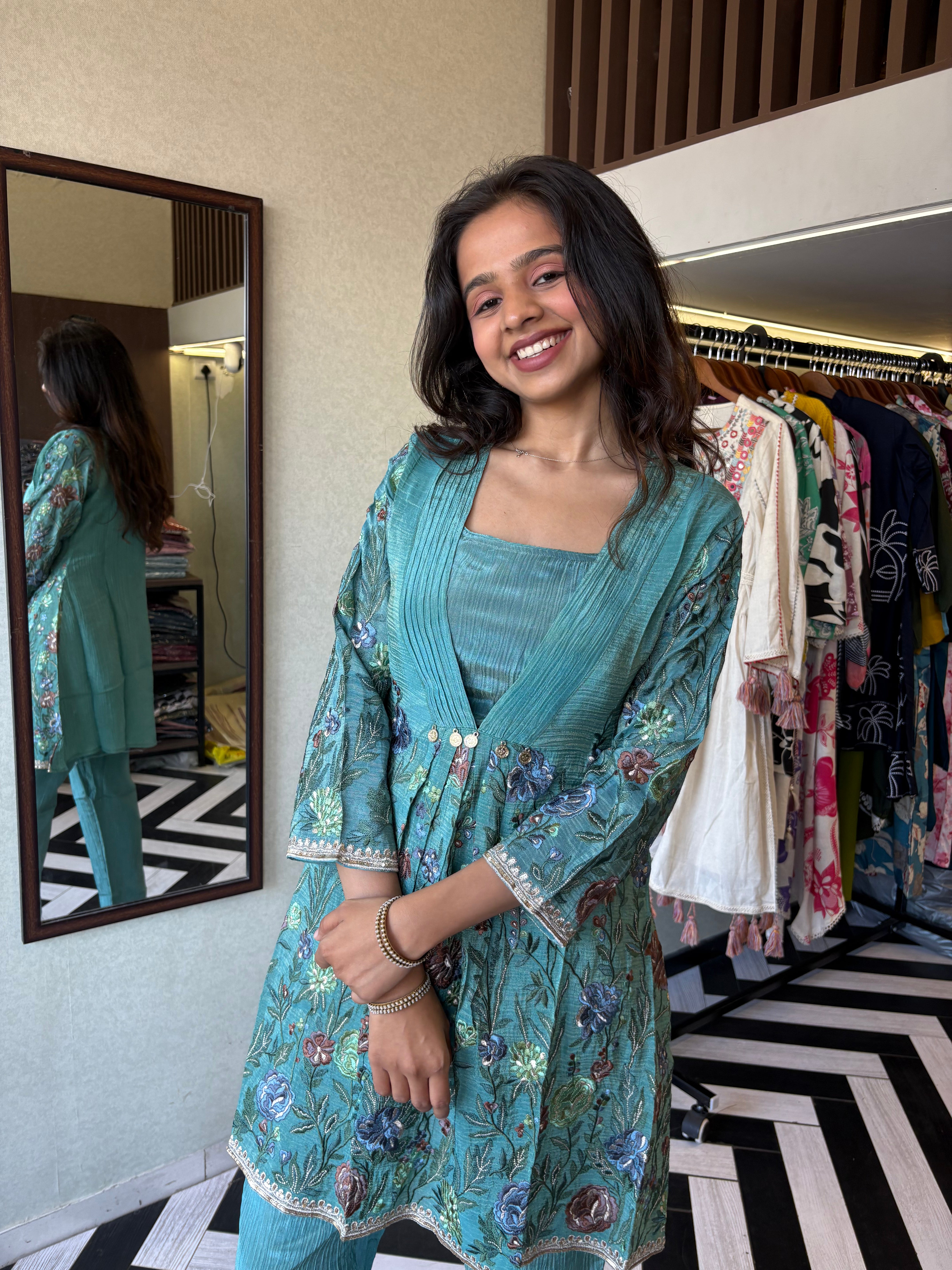 Step into the spotlight with this stunning 2-piece coord set in rich green shimmer - crafted from premium shimmer fabric with accessory detailing that brings elegance to life