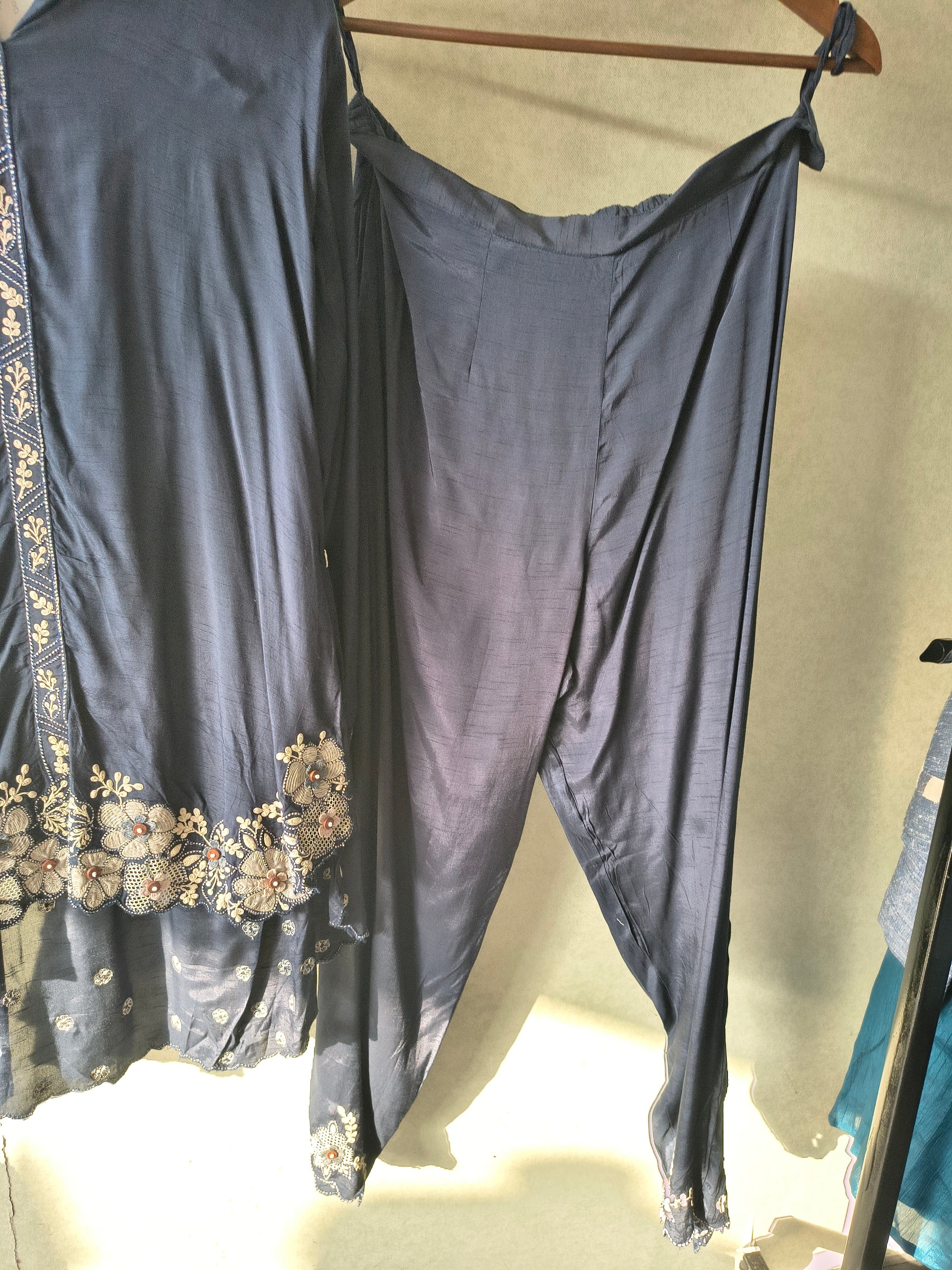 Blue Embroidered Designer Co-Ord Set with Organza Hem