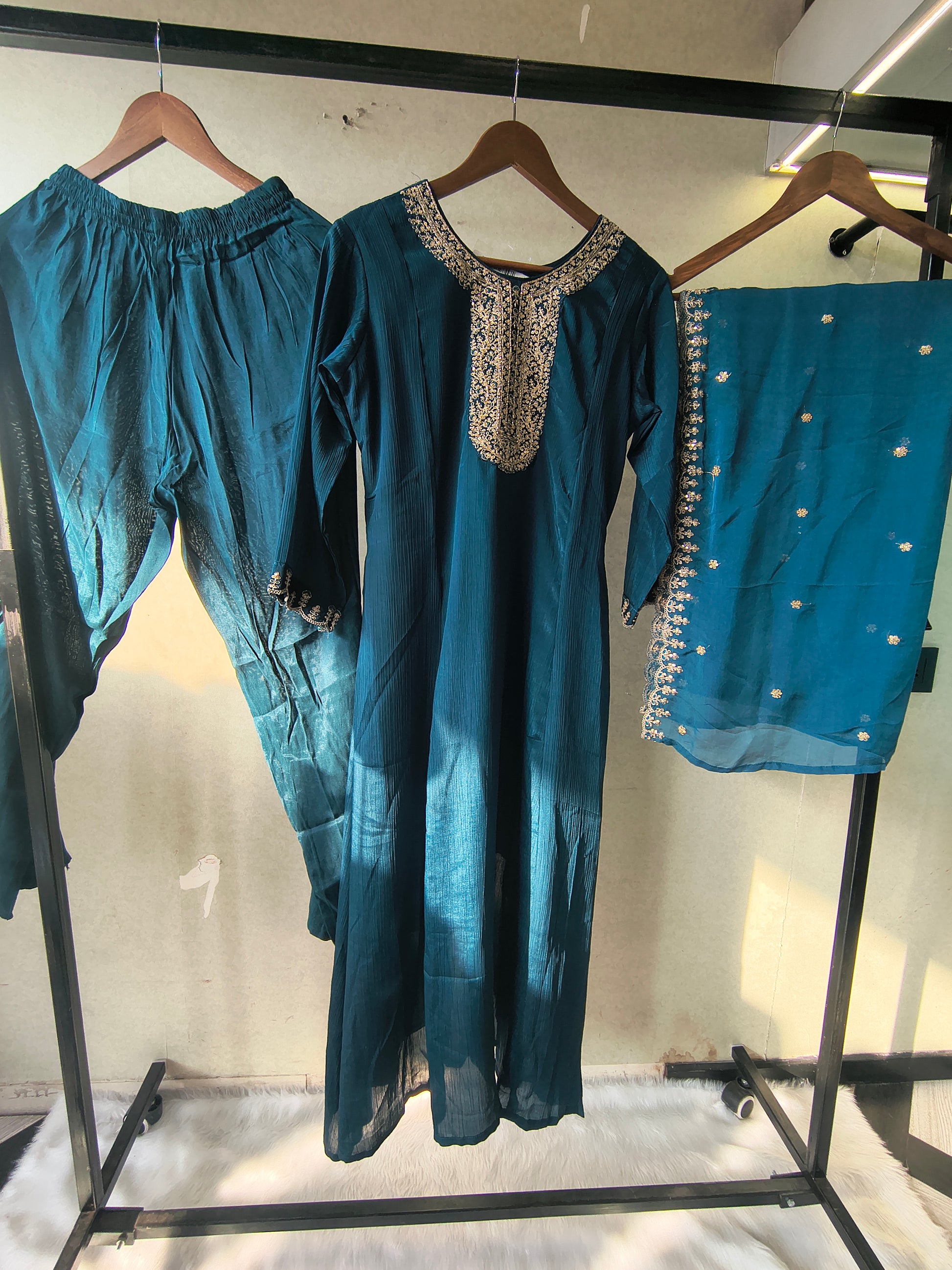 Premium Teal Blue Embroidered Straight Kurta with Salwar Pants & Embellished Dupatta Set