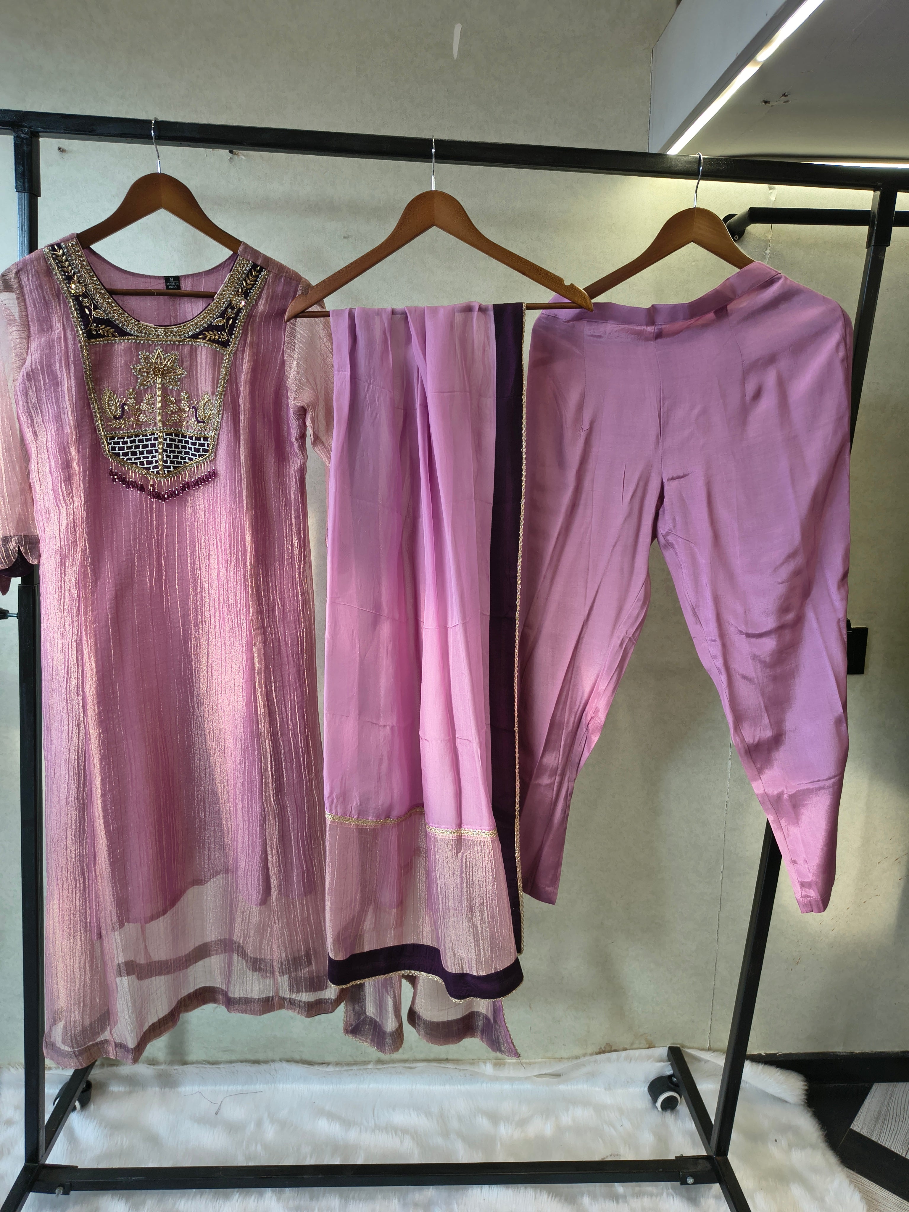 Image of Lavender Embroidered Anarkali Kurta Set with Handcrafted Statement Yoke & Organza Dupatta | Premium 3 Piece Ethnic Ensemble