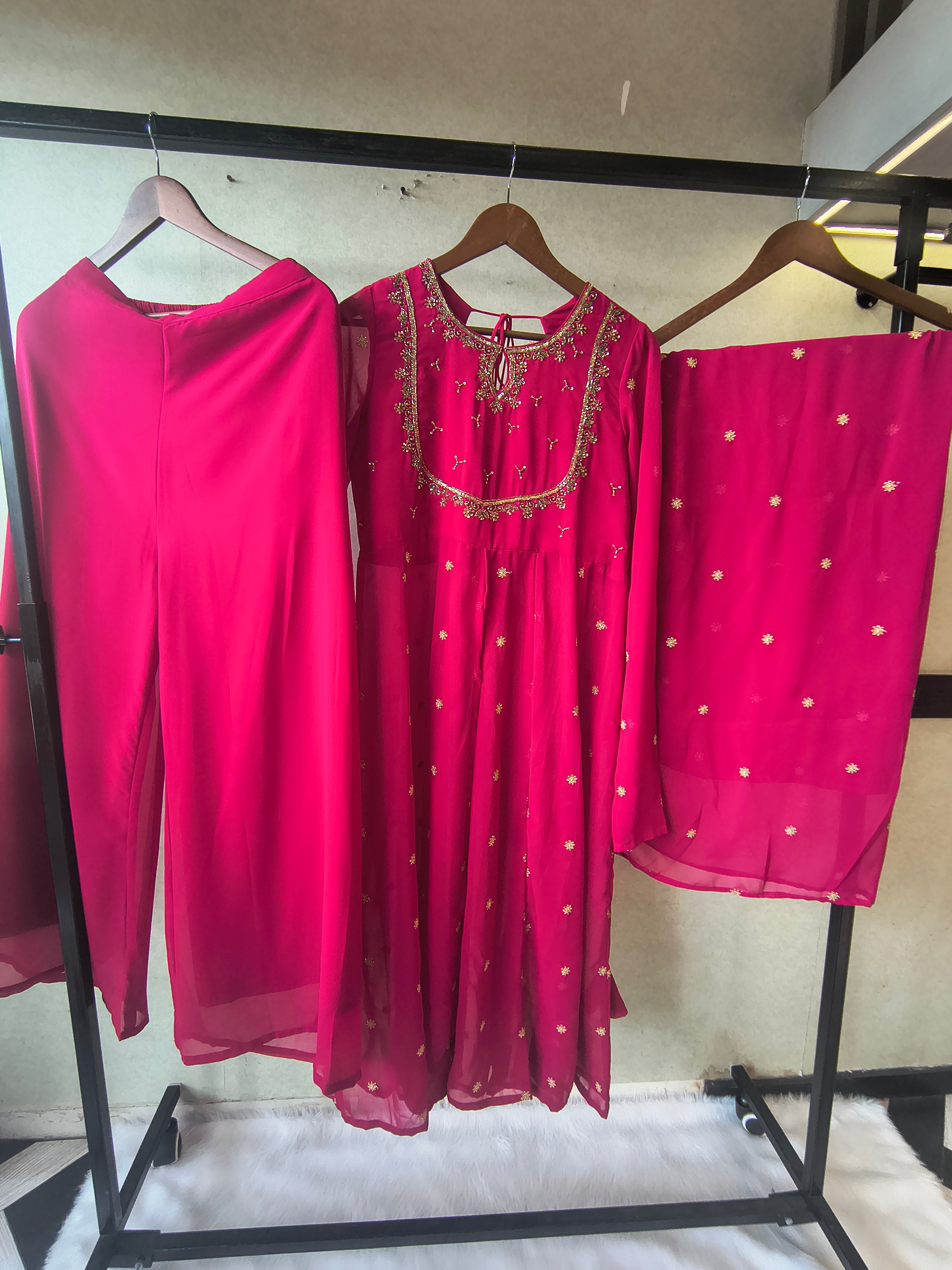 Image of Premium Fuchsia Pink Embroidered Kurta with Sharara & Embellished Dupatta Set