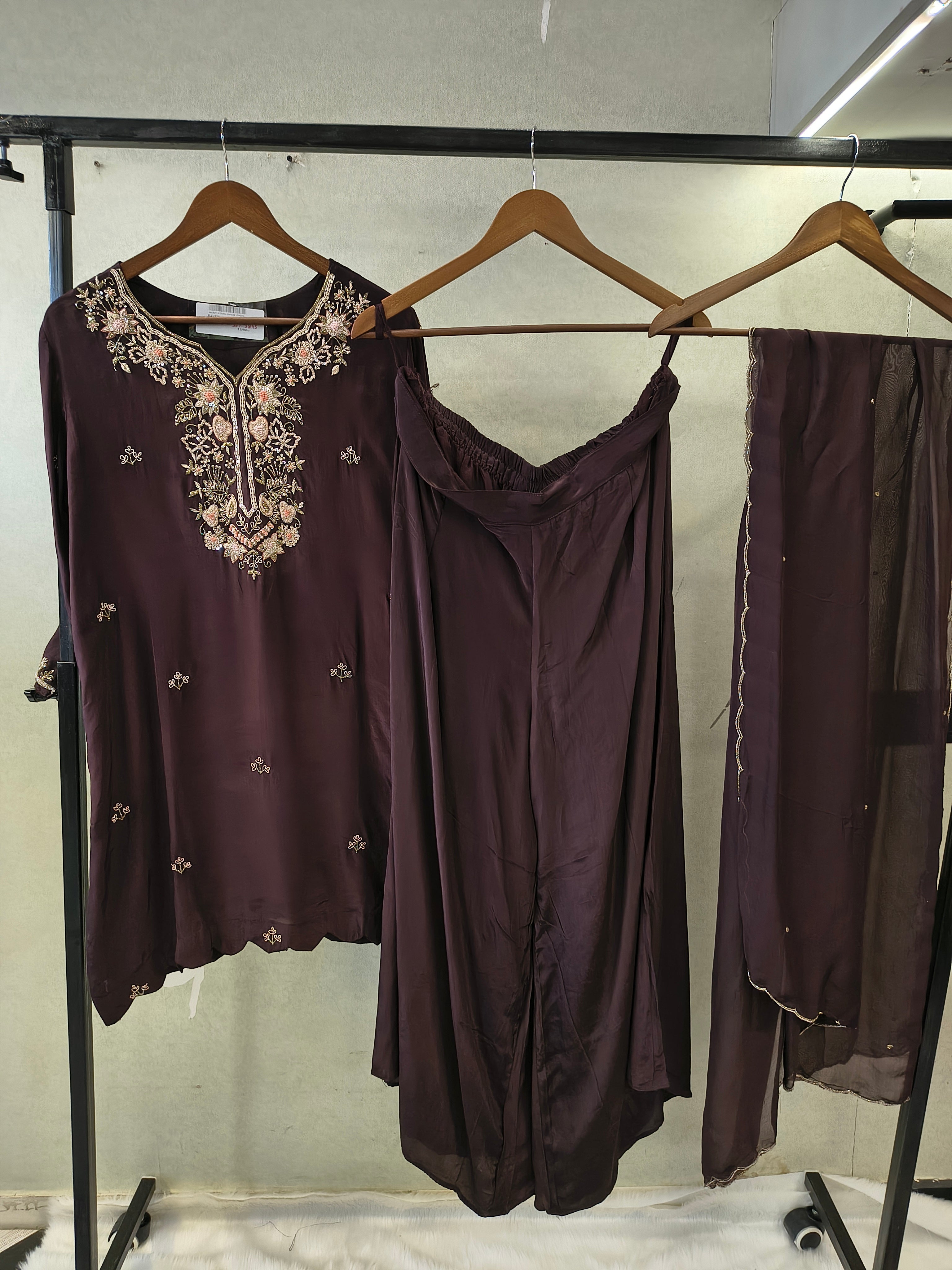 Image of Chocolate Brown Embroidered Straight Kurta Set with Wide Palazzo & Chiffon Dupatta | Premium 3 Piece Festive Ensemble