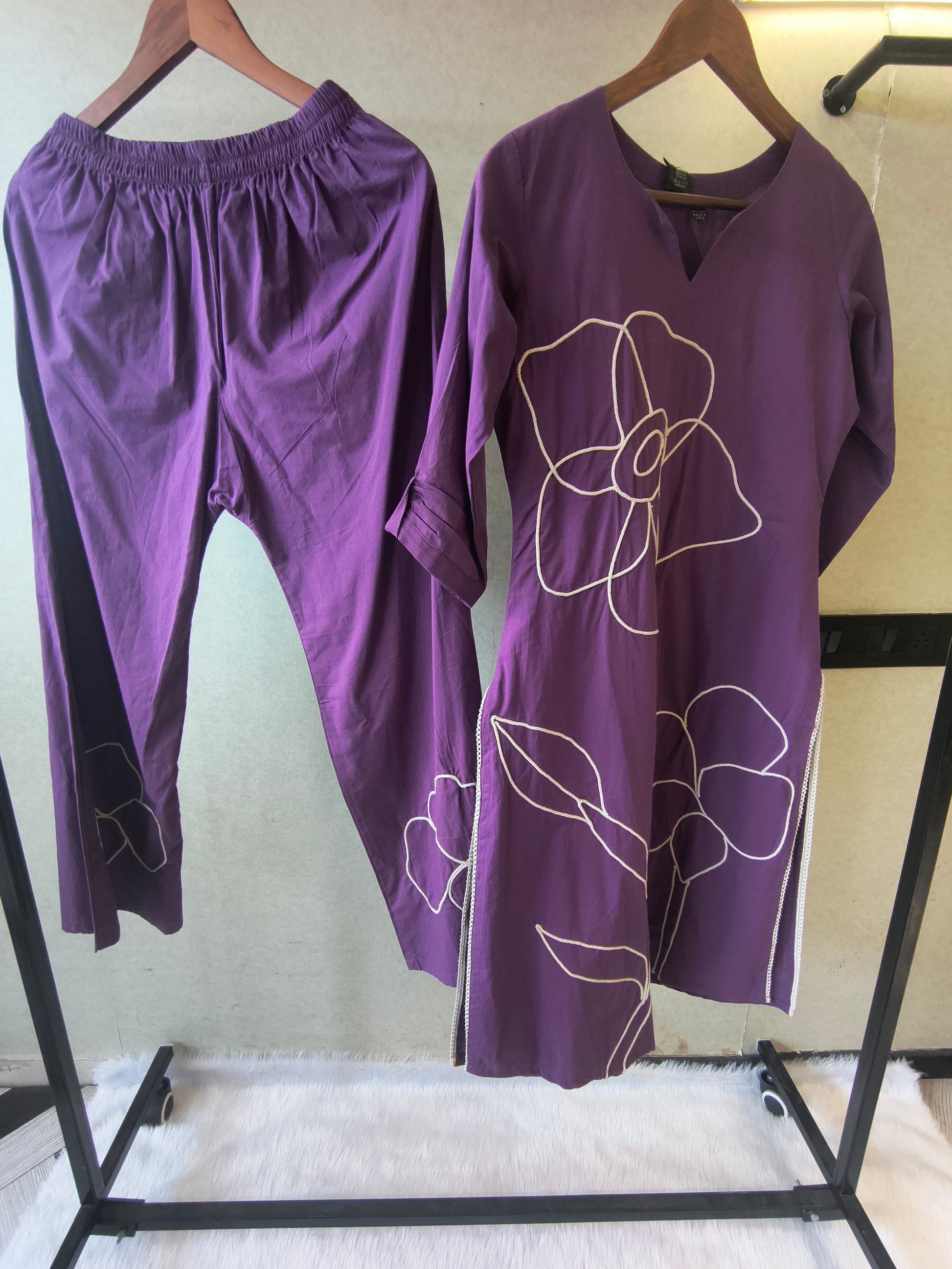 Royal Purple Floral Embroidered Cotton Kurta Set with Straight Pants