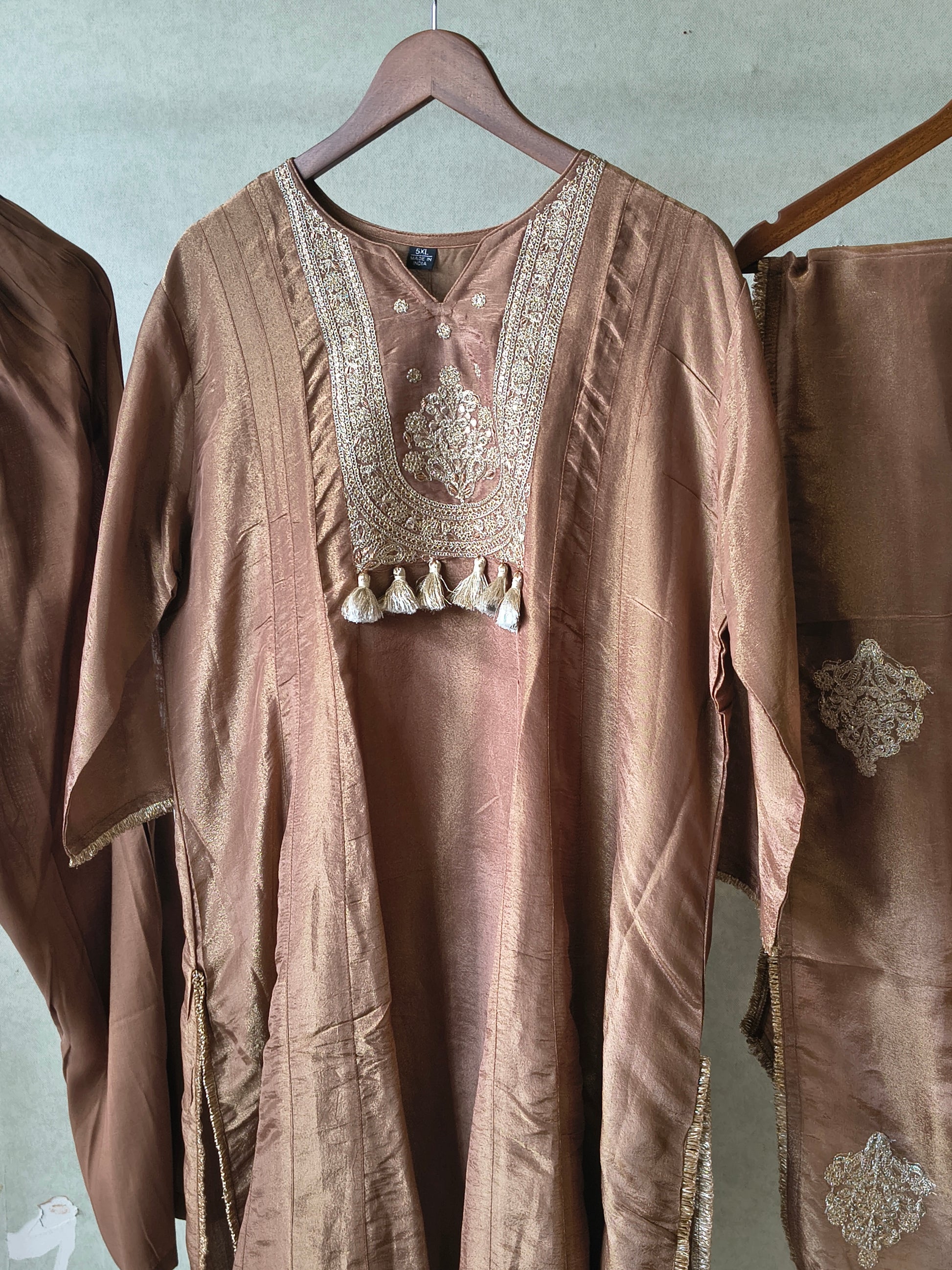 Premium Copper Brown Embroidered A-Line Kurta Set with Dupatta