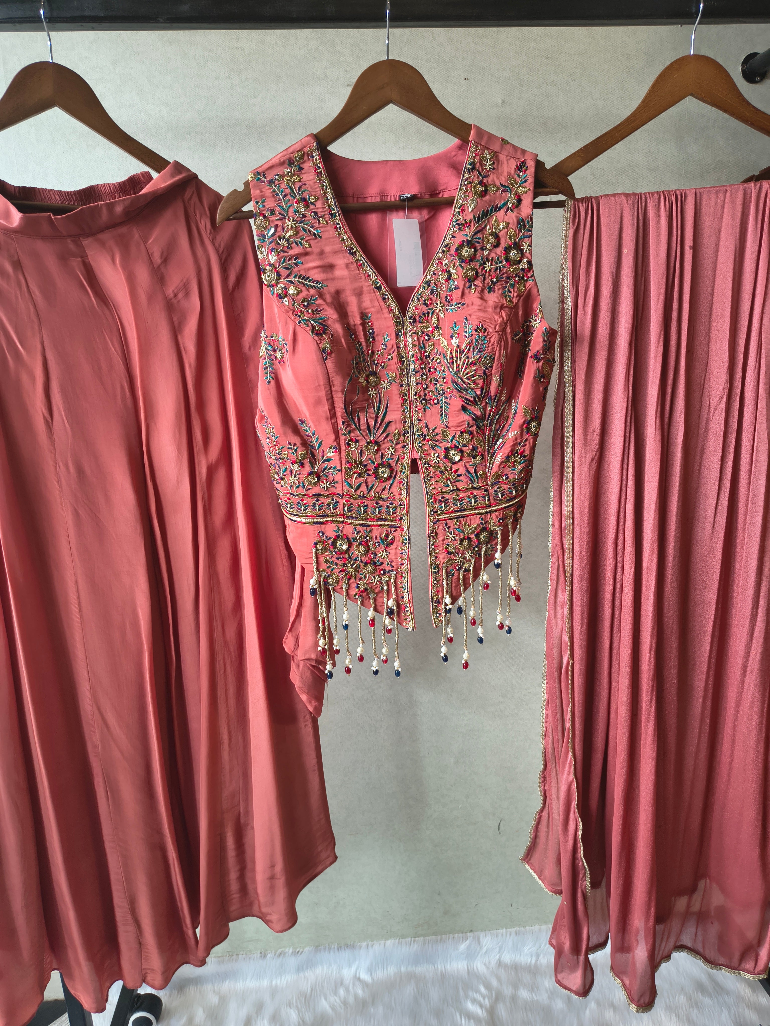 Image of Premium Dusty Rose 3-Piece Designer Lehenga Set with Heavily Embroidered Jacket Blouse & Sequined Dupatta