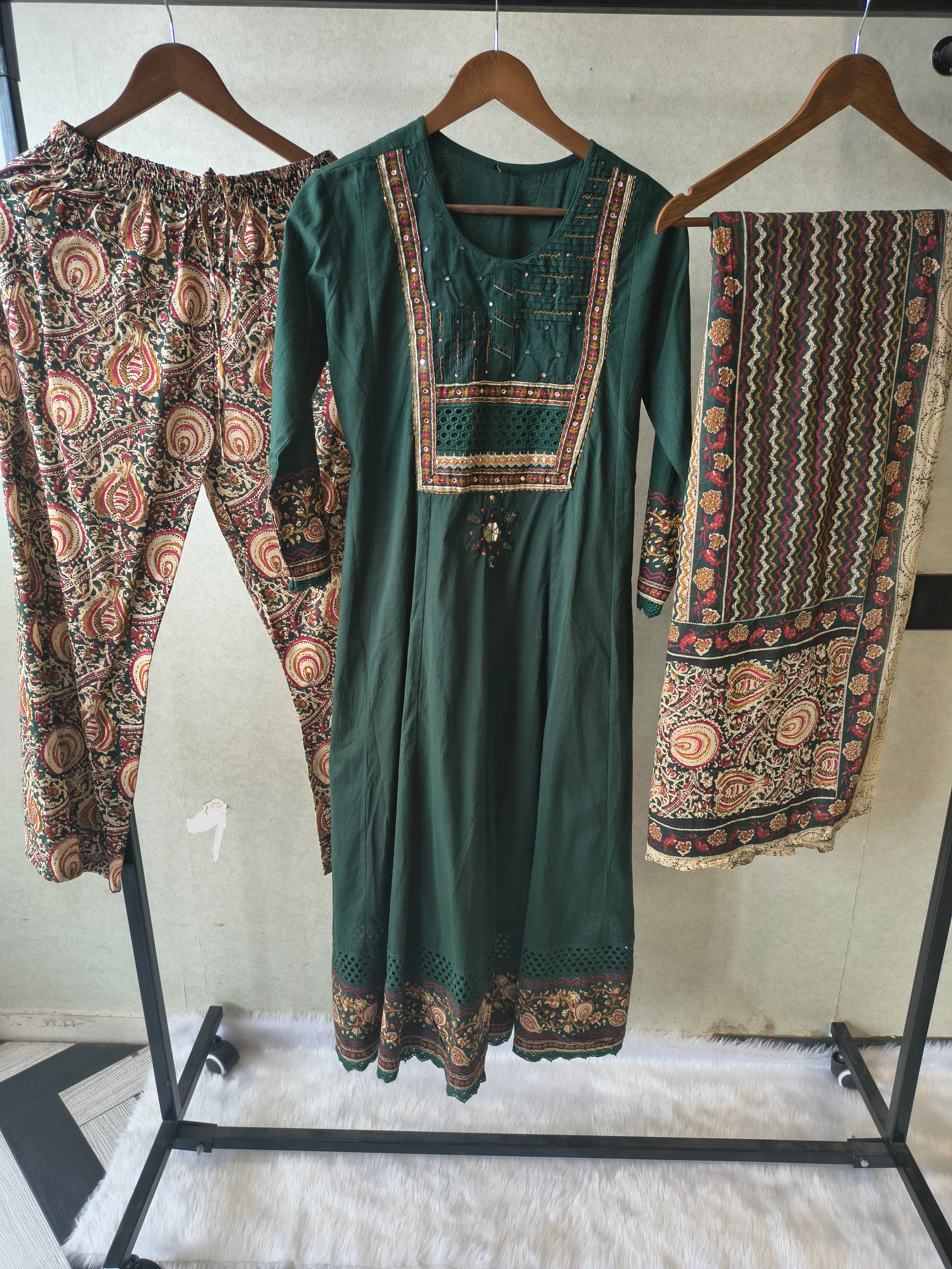 Image of Emerald Green Embroidered Three-Piece Kurta Set with Printed Pant & Designer Dupatta