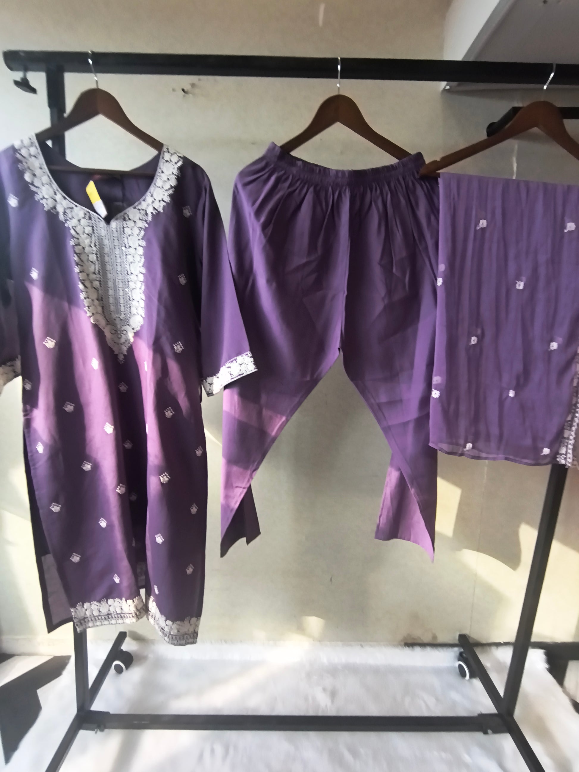 Premium Lavender Embroidered Kurta Set with Chikankari Work & Organza Dupatta