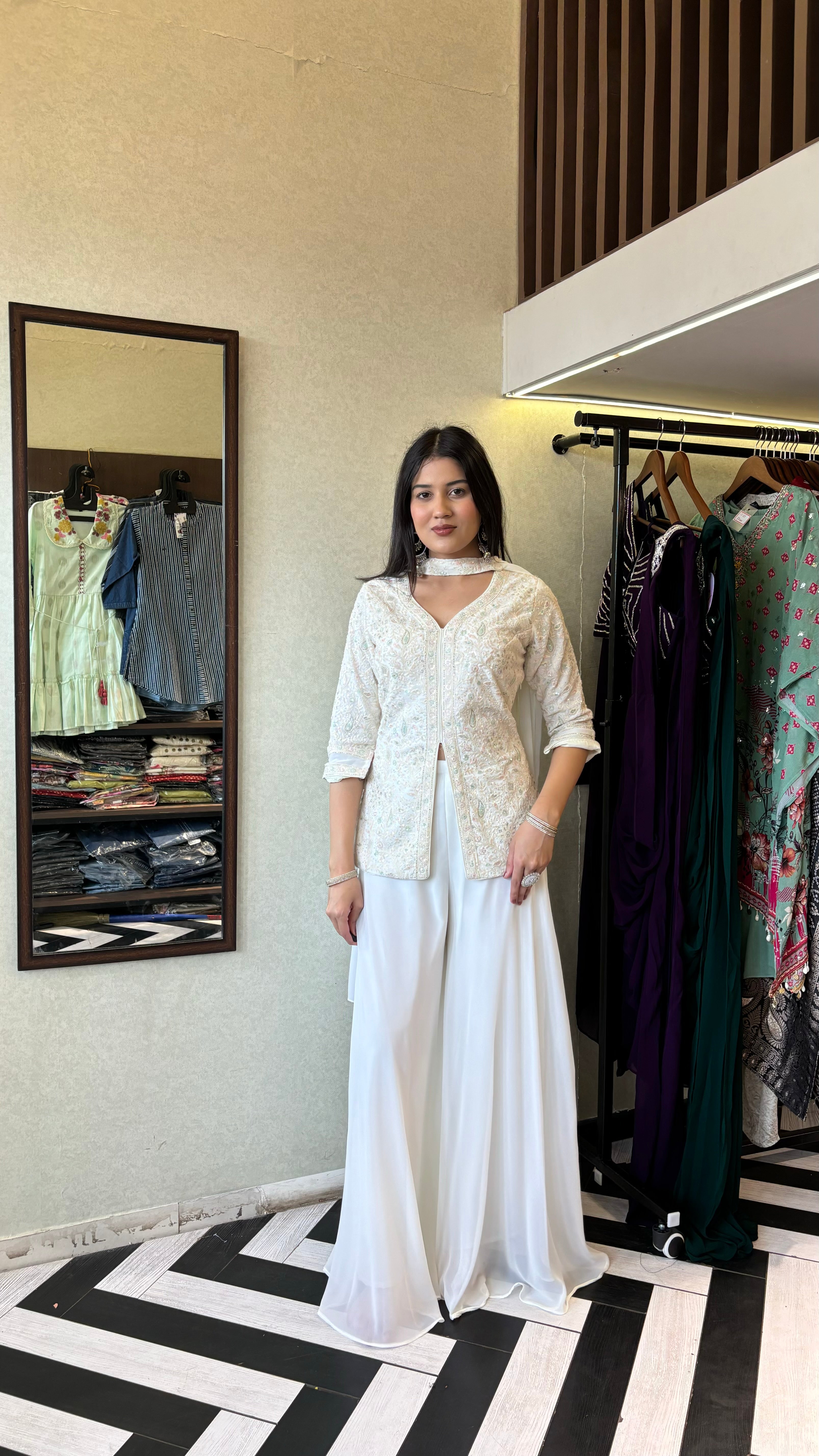 Image of Pure Lucknowi with Georgette Plazzo 3 Piece Indo western