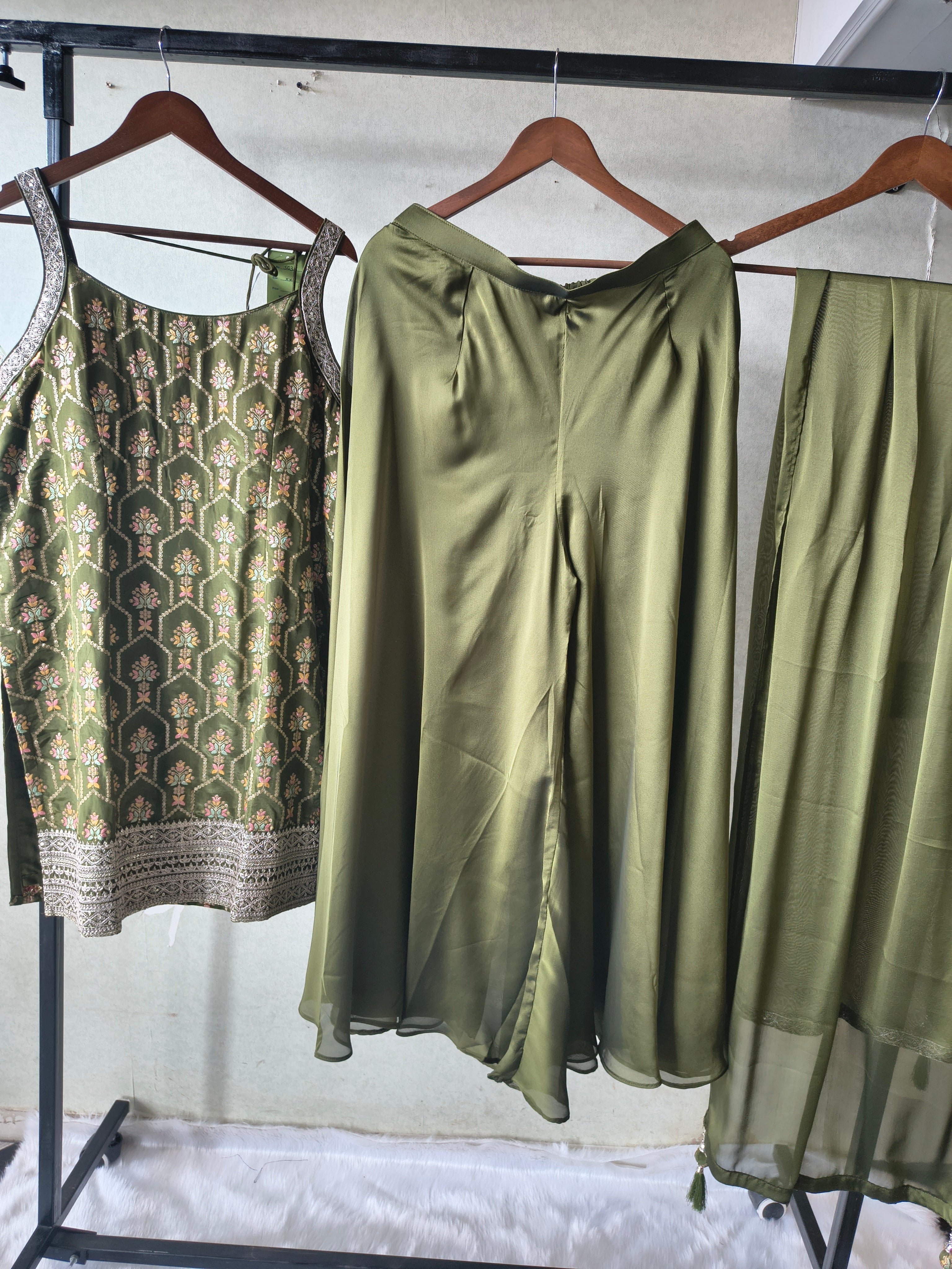 Image of Olive Green Printed Sharara Set with Embroidered Border & Dupatta – Premium 3 Piece Festive Ensemble