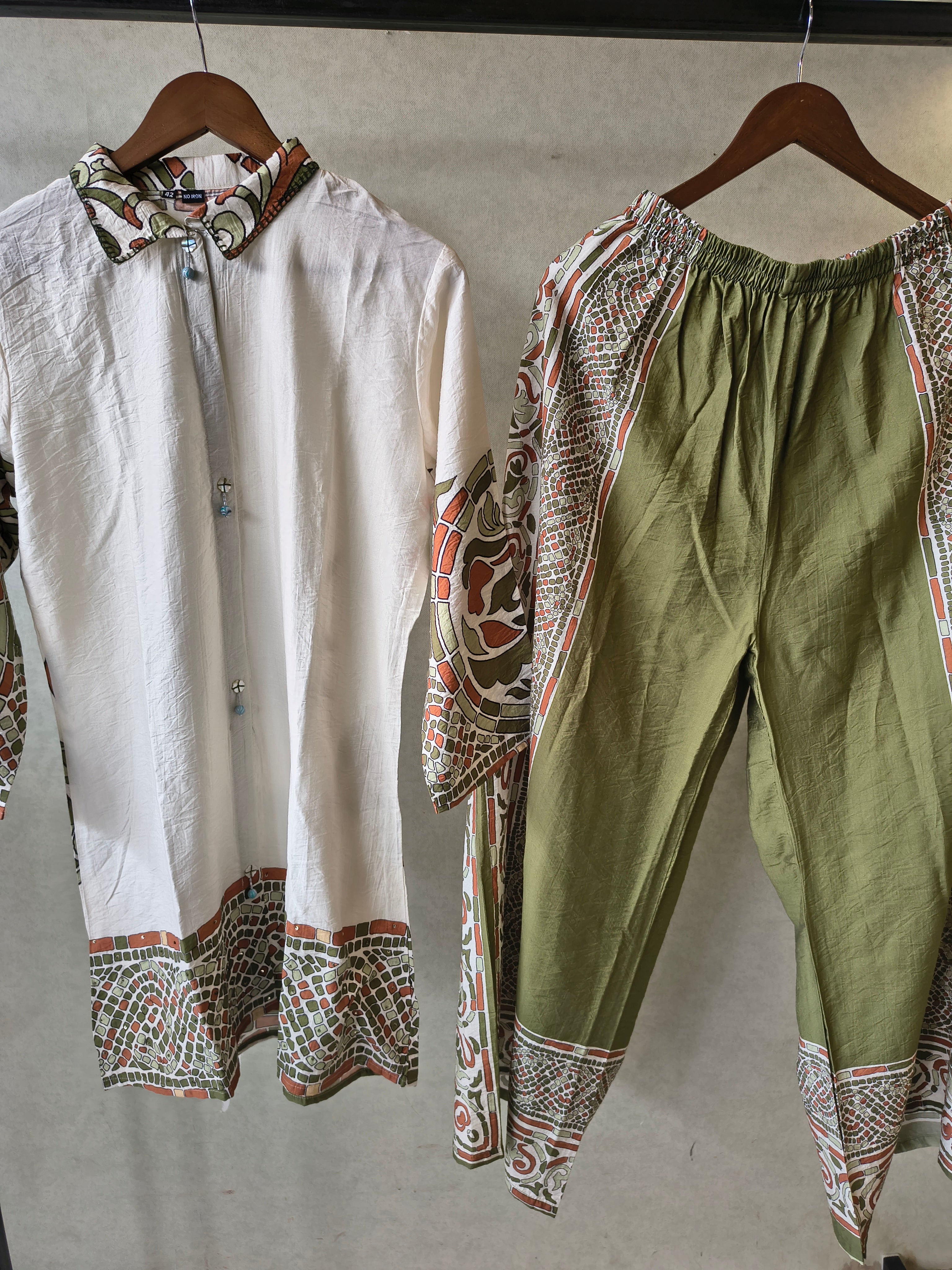 Image of Premium Ivory Printed Cotton Kurta with Olive Pants & Printed Dupatta Set