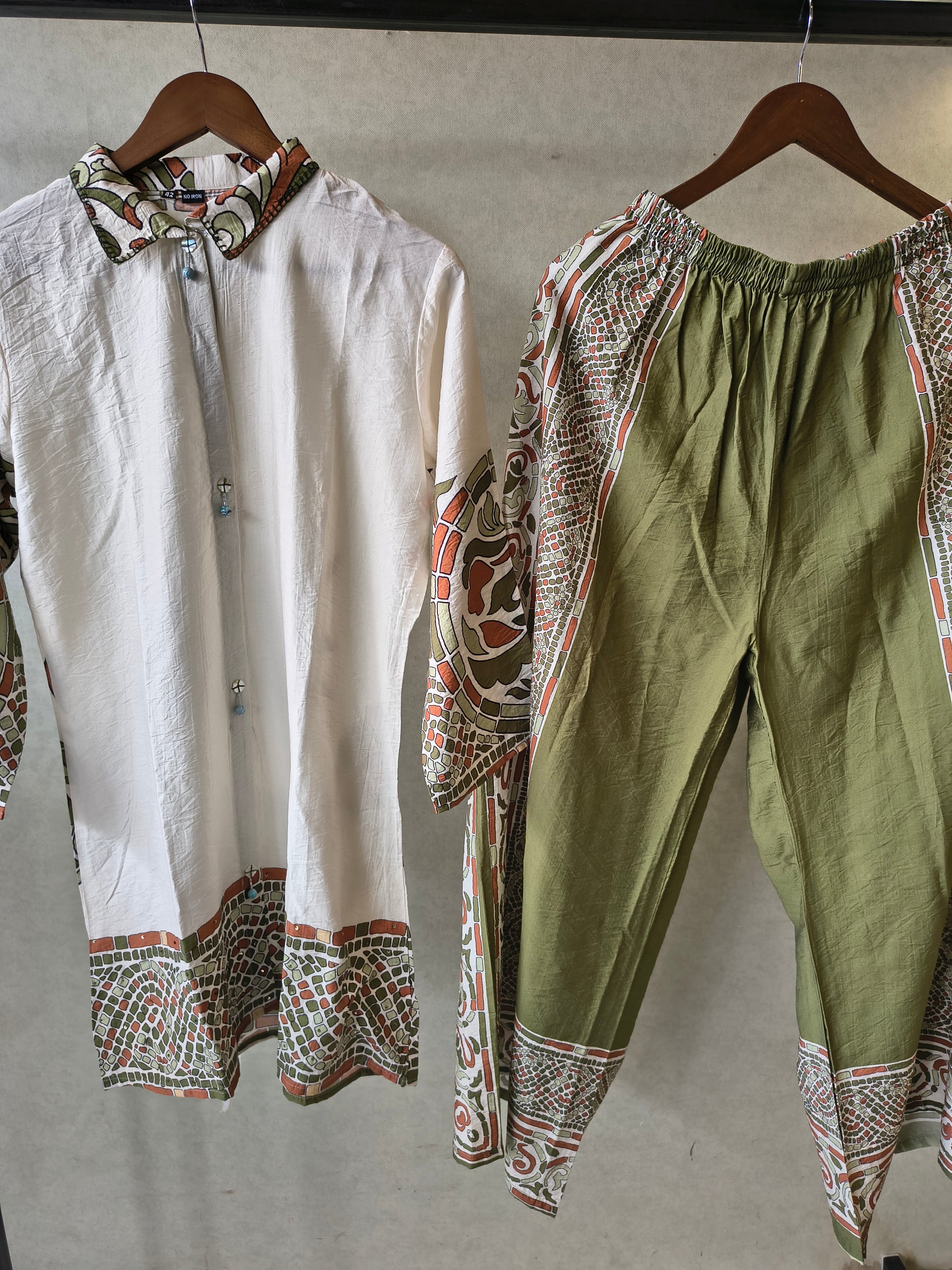 Premium Ivory Printed Cotton Kurta with Olive Pants & Printed Dupatta Set