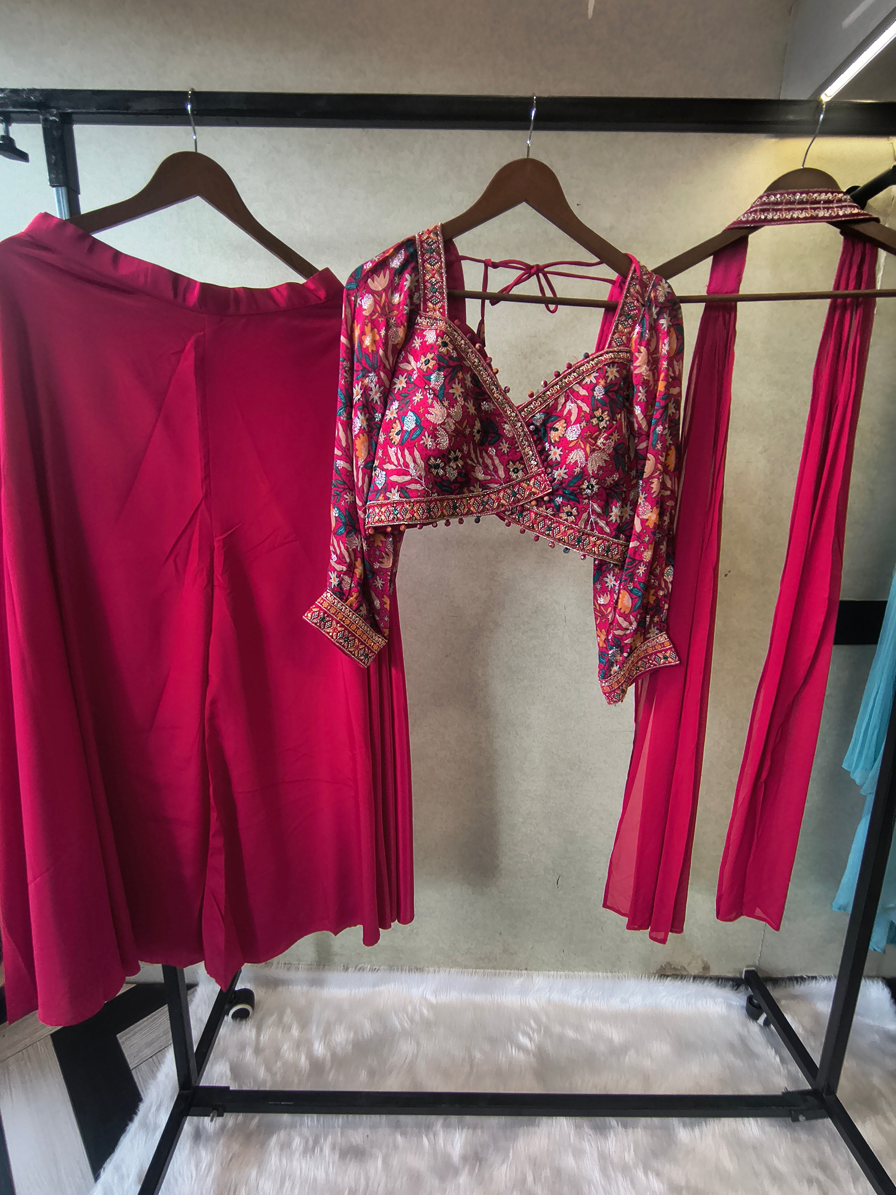 Image of Luxury Rani Pink Floral Printed Blouse with Flared Palazzo & Embellished Choker Dupatta – 3 Piece Designer Indo-Western Set