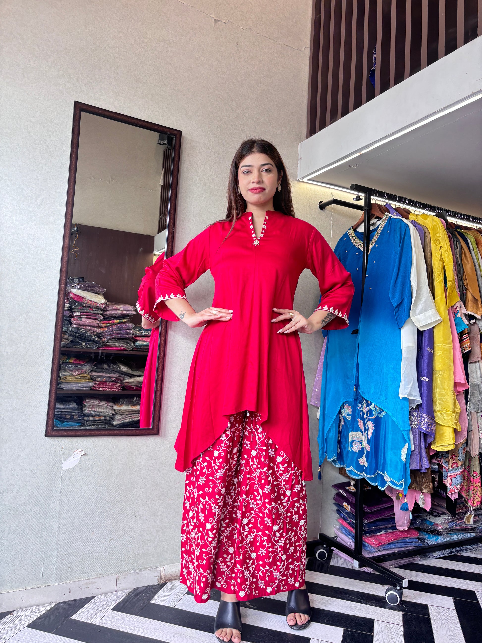 Pure Gaji Silk with Crepe Fabric Coord Set ( Thread Work )