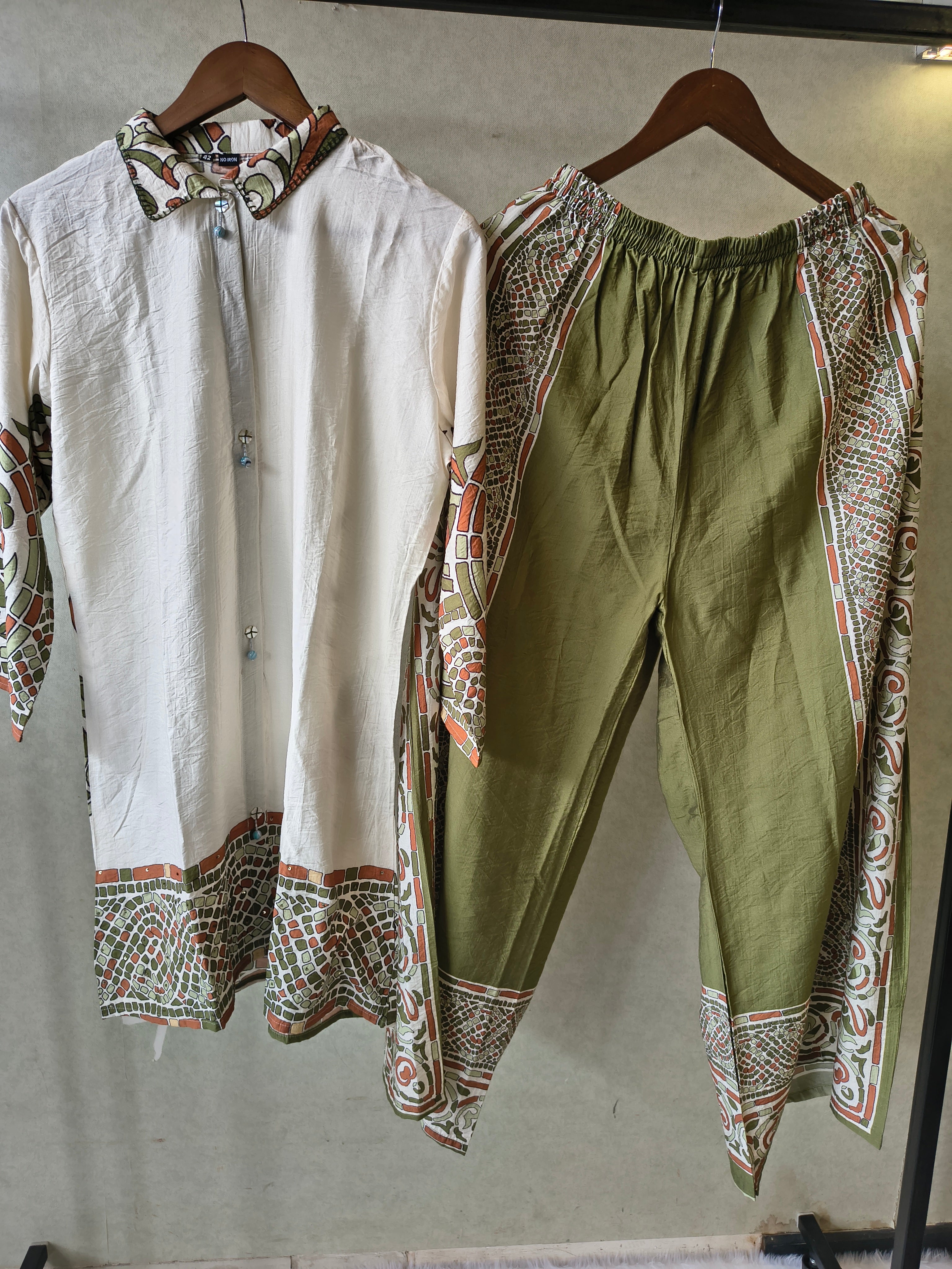 Image of Premium Ivory Printed Cotton Kurta with Olive Pants & Printed Dupatta Set