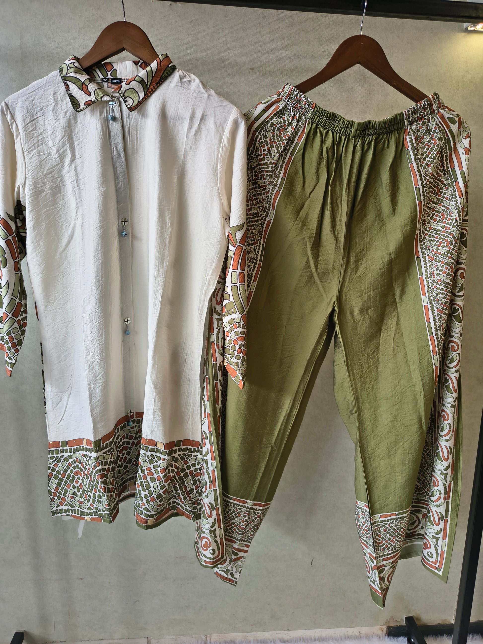 Premium Ivory Printed Cotton Kurta with Olive Pants & Printed Dupatta Set