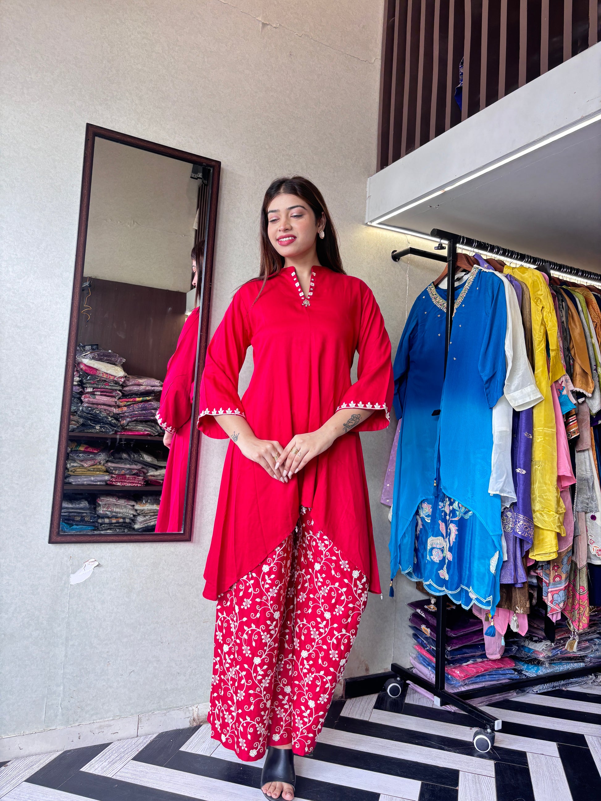 Pure Gaji Silk with Crepe Fabric Coord Set ( Thread Work )