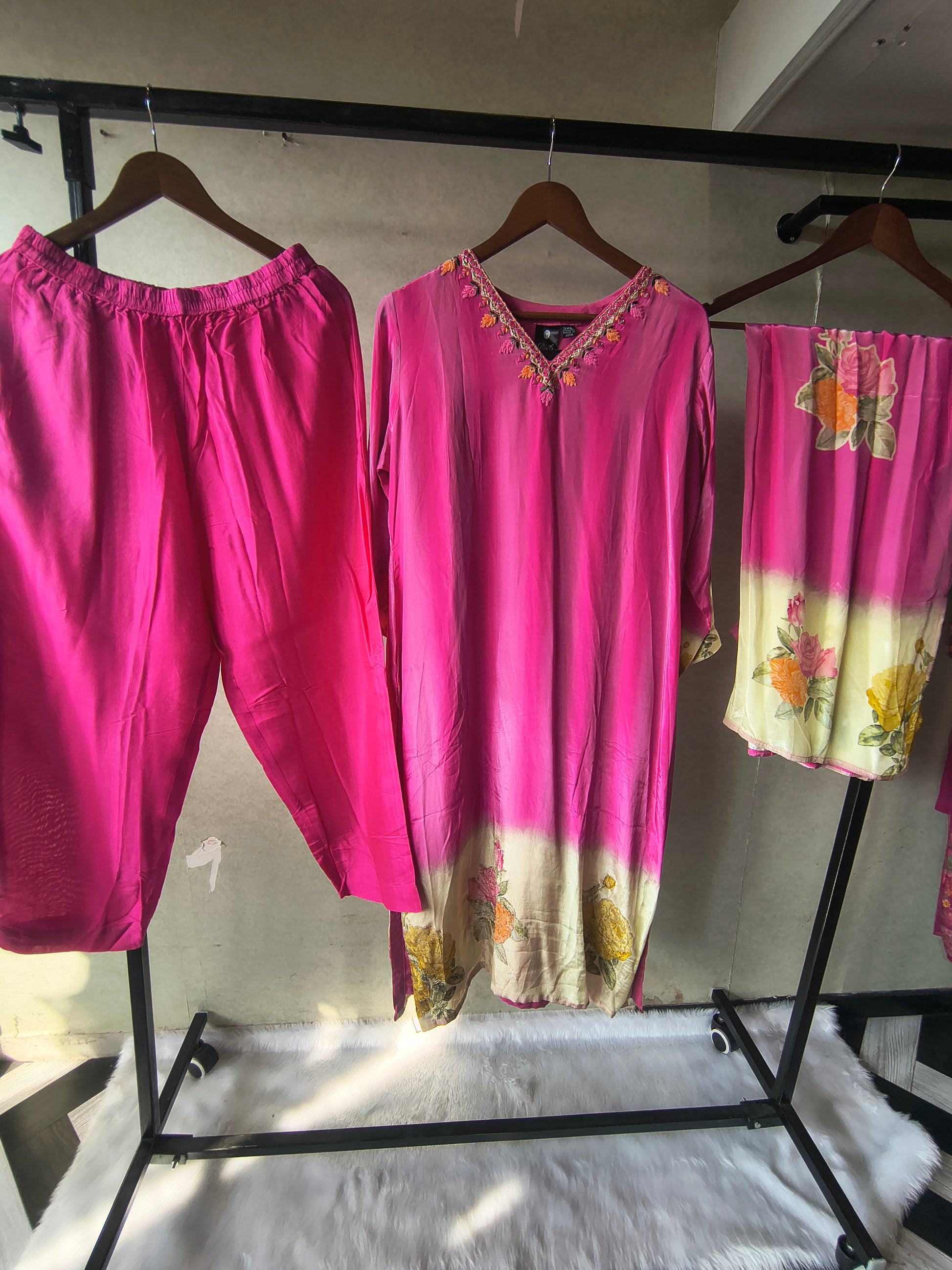 Premium Fuchsia Pink Floral Embroidered Kurta Set with Printed Dupatta