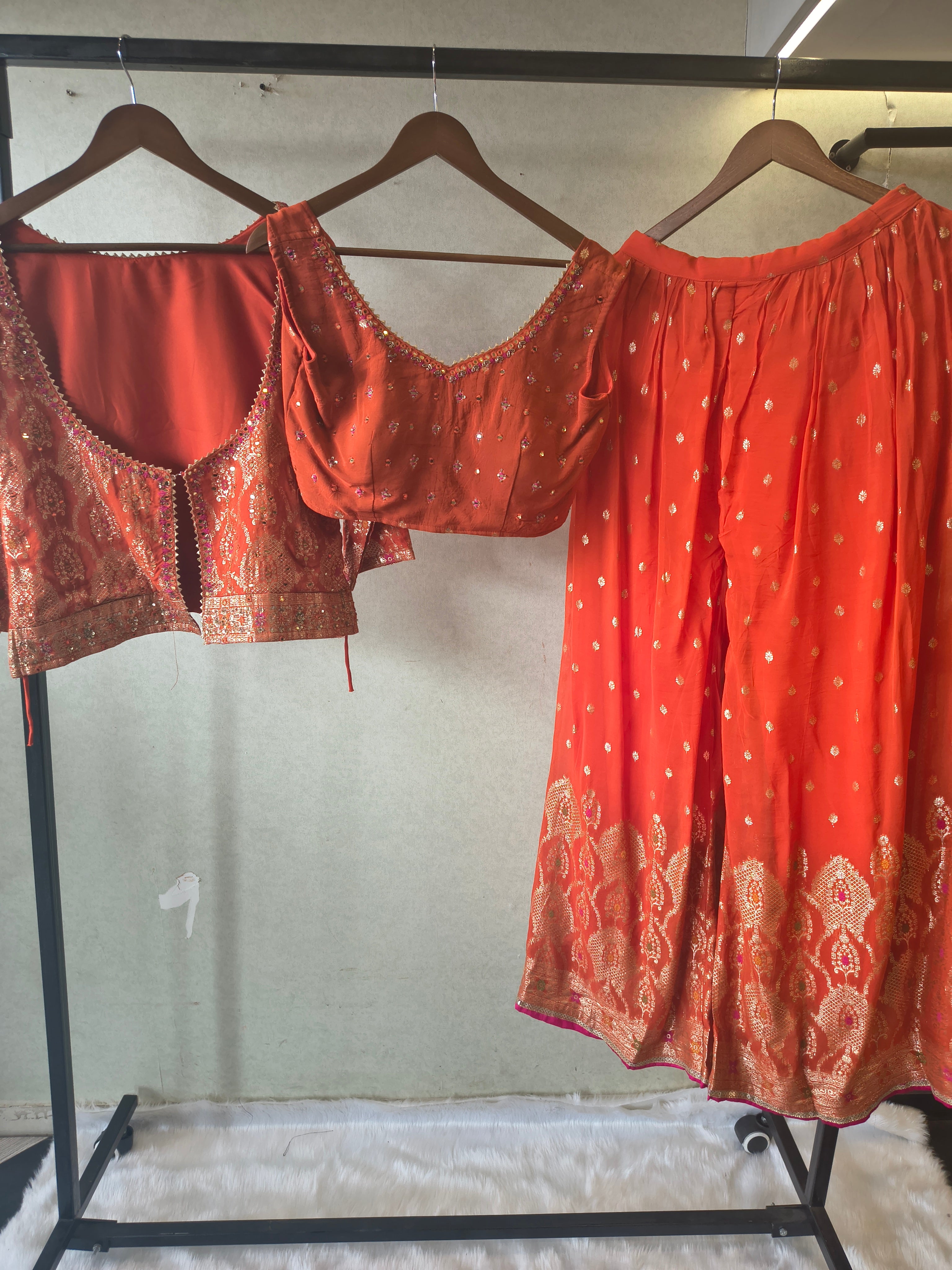 Image of Rust Orange Banarasi Embroidered Lehenga Set with Handworked Blouse & Embellished Blouse – Designer 3 Piece Festive Ensemble