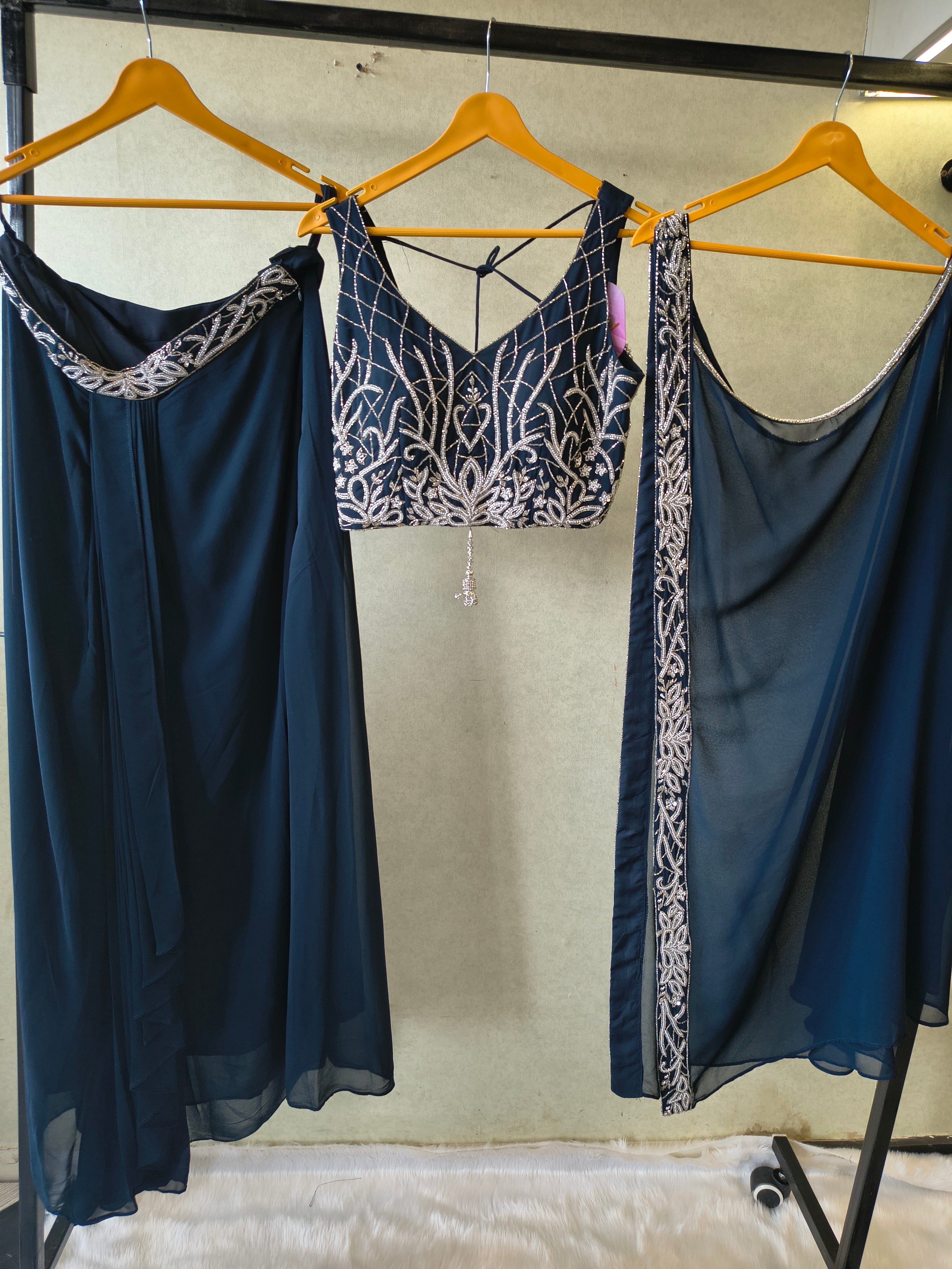 Image of Midnight Navy Embroidered Designer Blouse with Flared Palazzo & Embroidered Dupatta – 3 Piece Festive Indo-Western Set