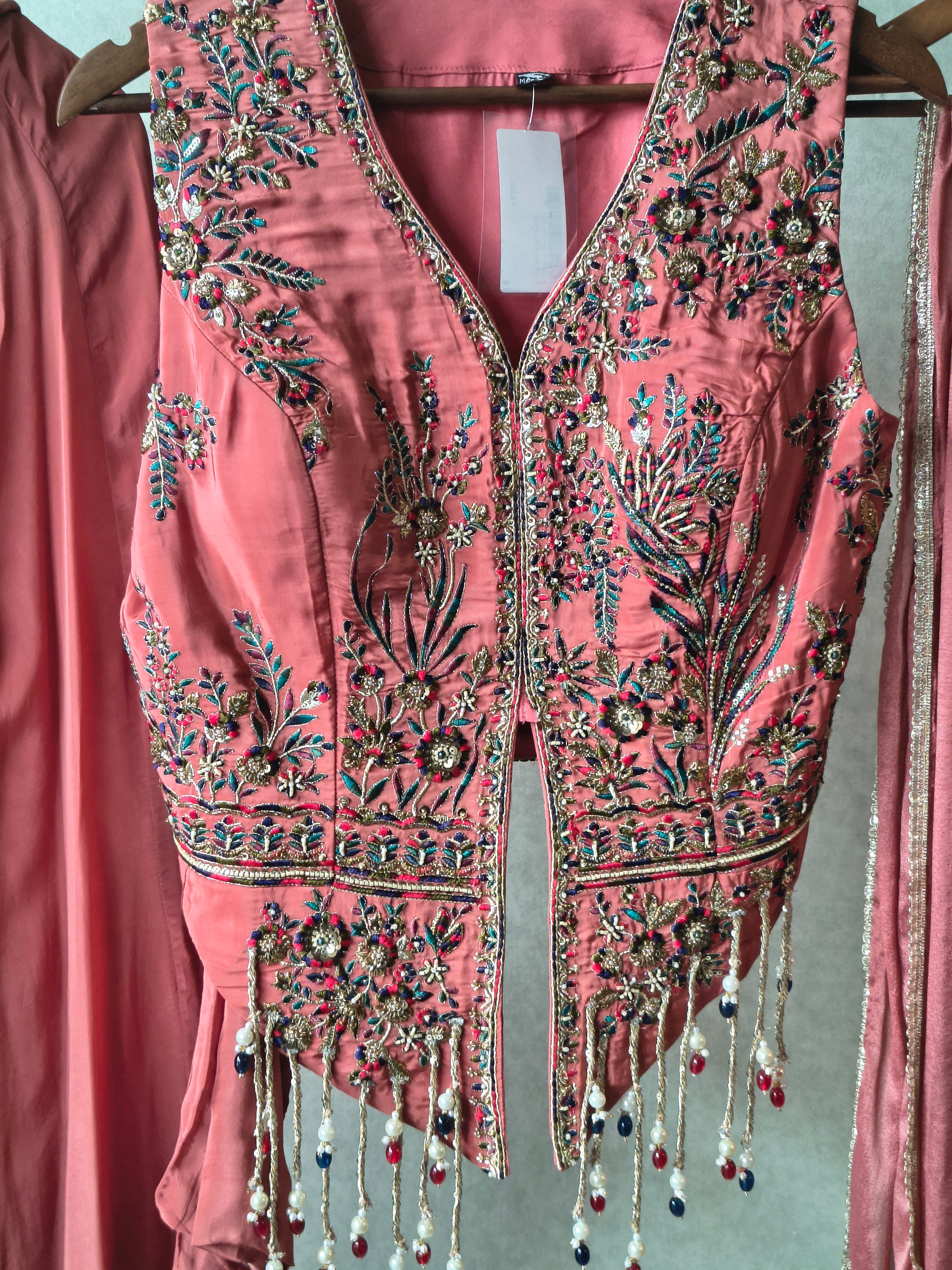 Image of Premium Dusty Rose 3-Piece Designer Lehenga Set with Heavily Embroidered Jacket Blouse & Sequined Dupatta