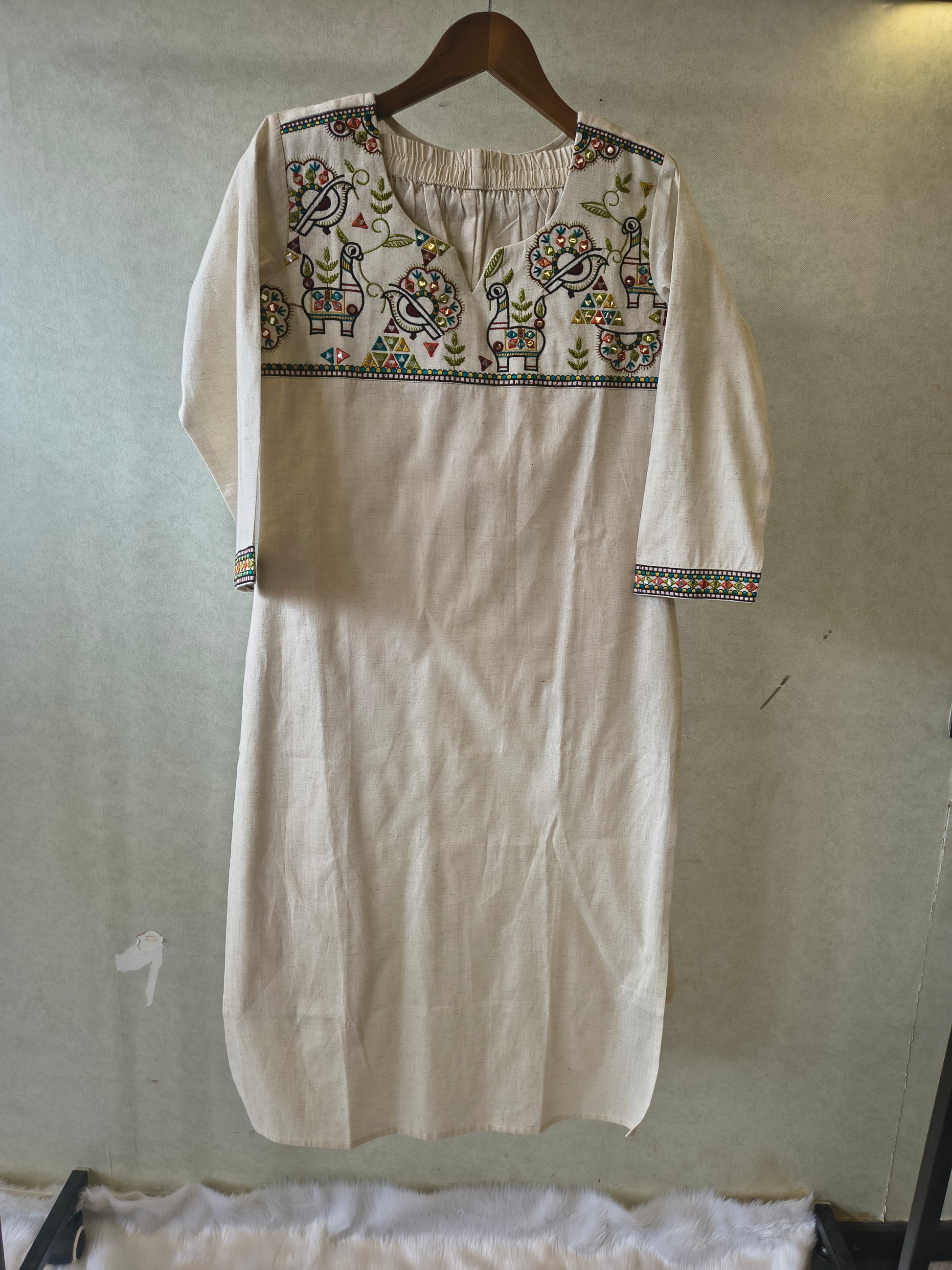 Ivory Cotton Linen Kurta Set with Multicolour Folk Embroidery & Straight Pants