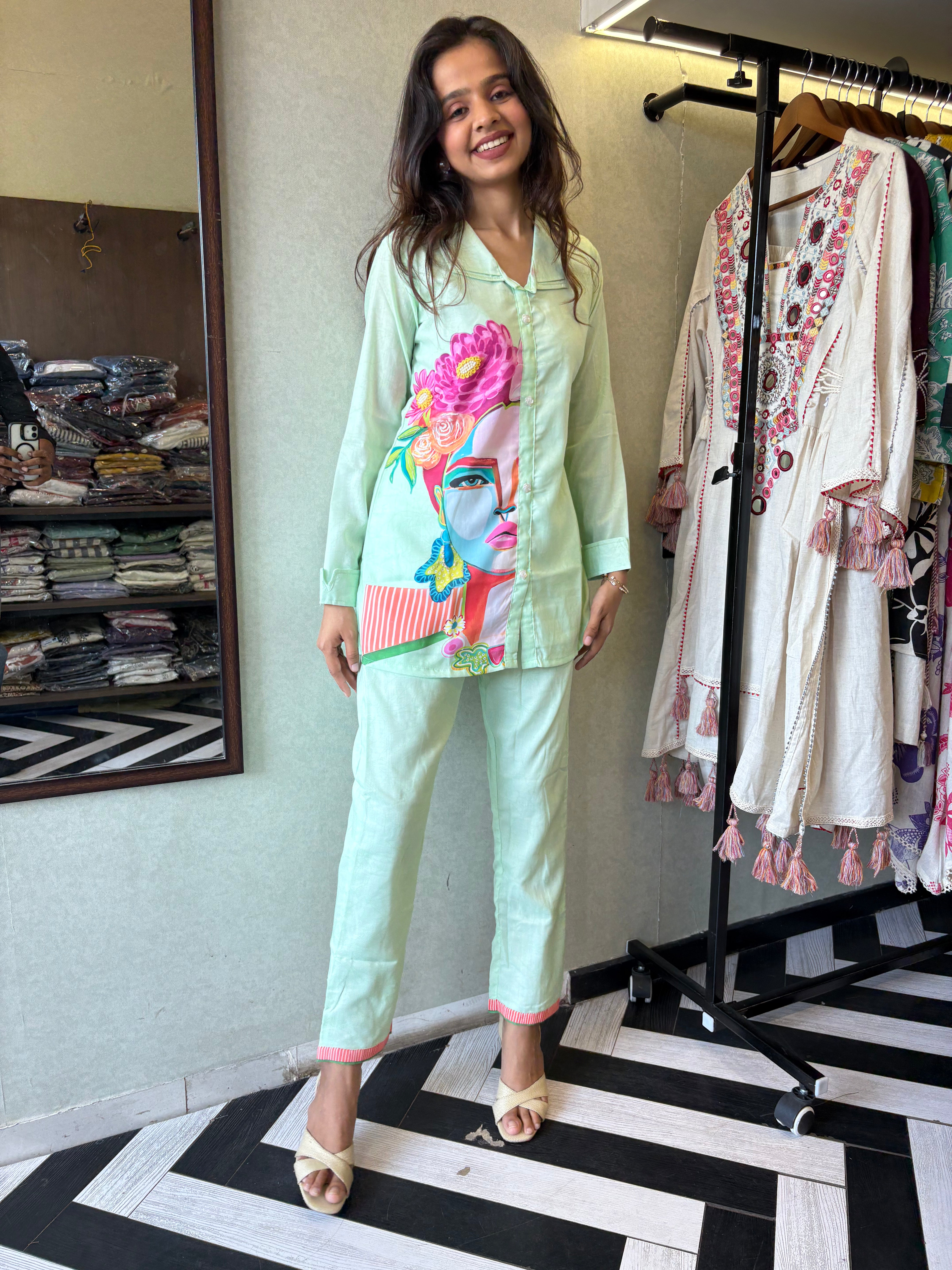 Image of Pure cotton 2-piece coord set in soothing pista color - designed with elegant prints and made for all-day comfort.