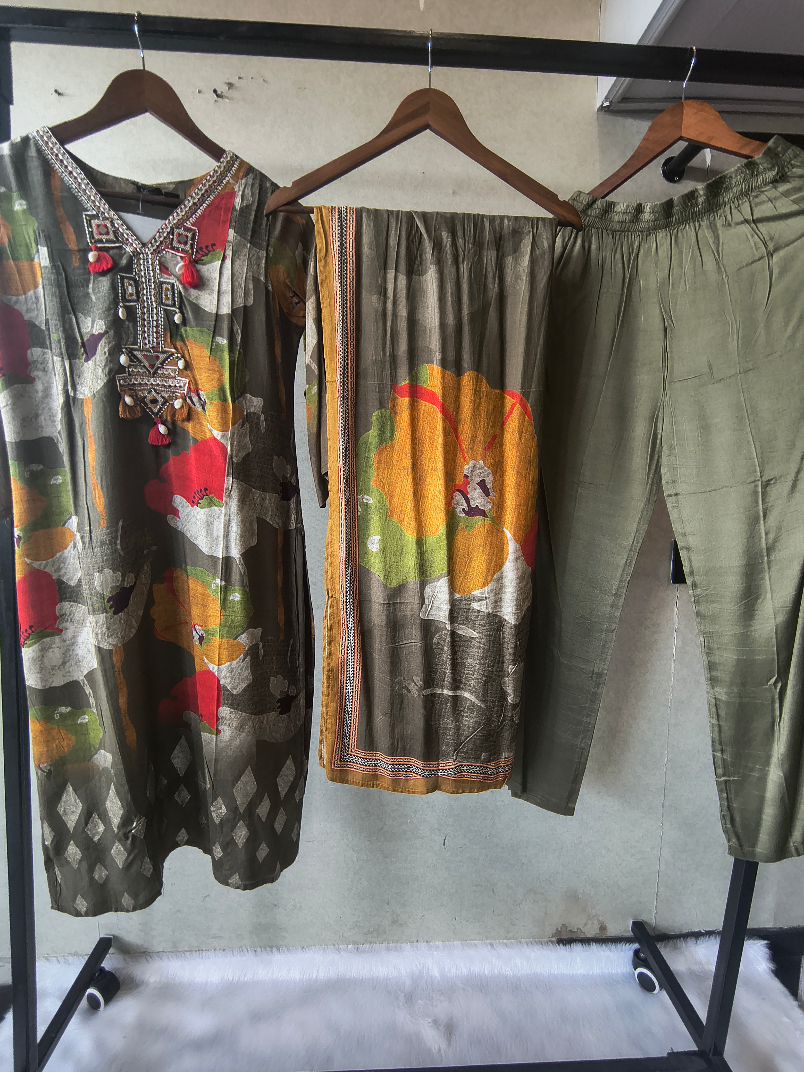 Image of Premium Olive Green Floral Printed Kurta Set with Embellished Neckline, Solid Pants & Printed Dupatta