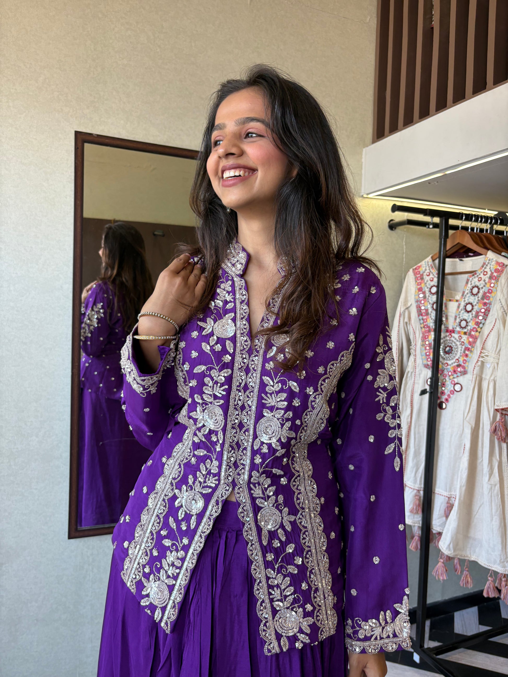 Be the showstopper in this premium pure silk Indo-Western 3-piece set