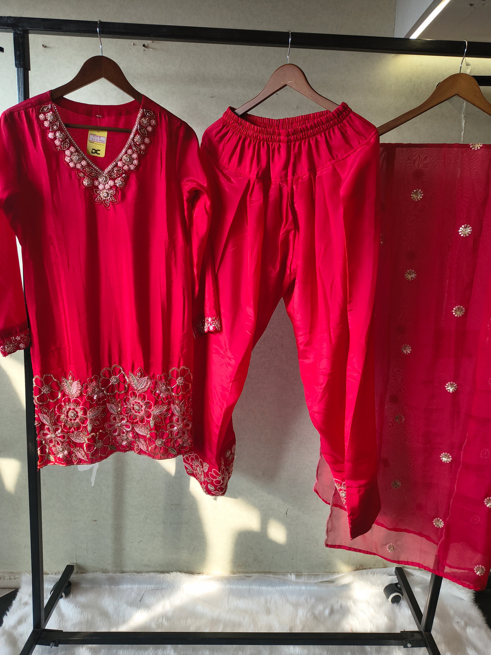 Ruby Red Embroidered Straight Kurta Set with Floral Thread Work, Designer Neckline & Embellished Dupatta – Premium 3 Piece Ethnic Ensemble