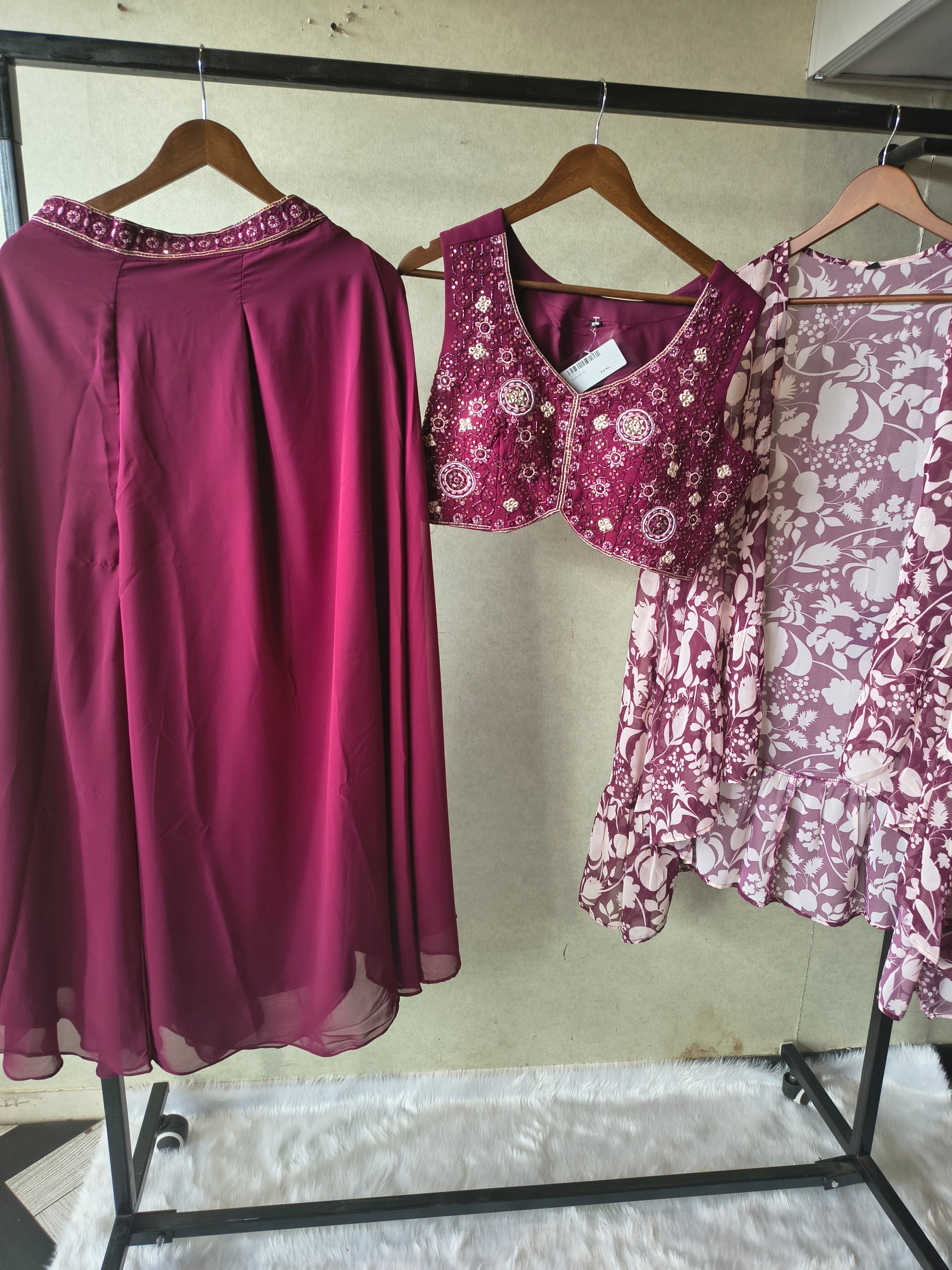 Luxury Wine Embroidered Blouse with Printed Peplum Jacket & Flared Palazzo – 3 Piece Designer Indo-Western Set