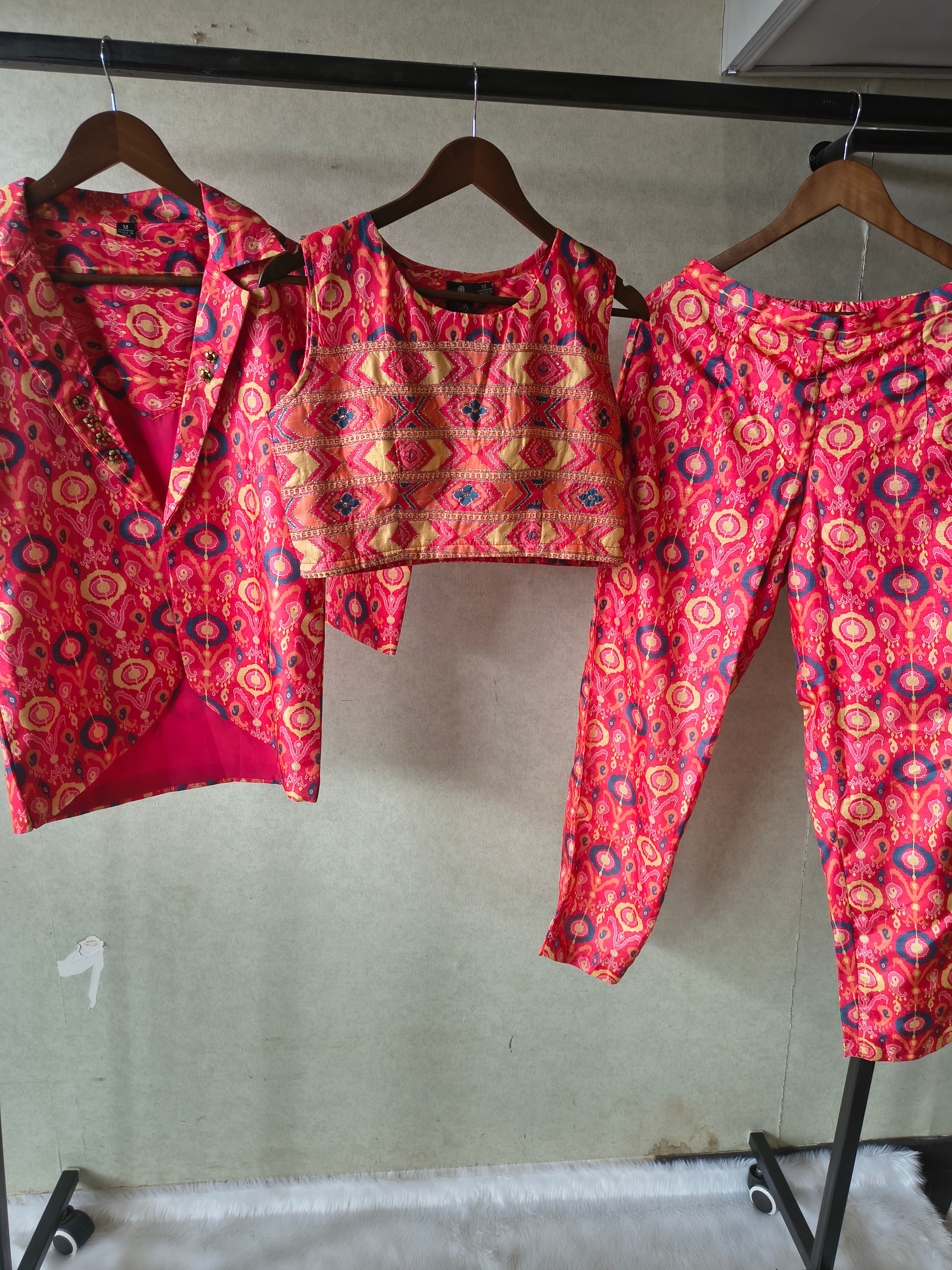 Image of Premium Indo-Western Printed Co-ord Set with Embroidered Crop Top, Printed Shirt & Straight Pants