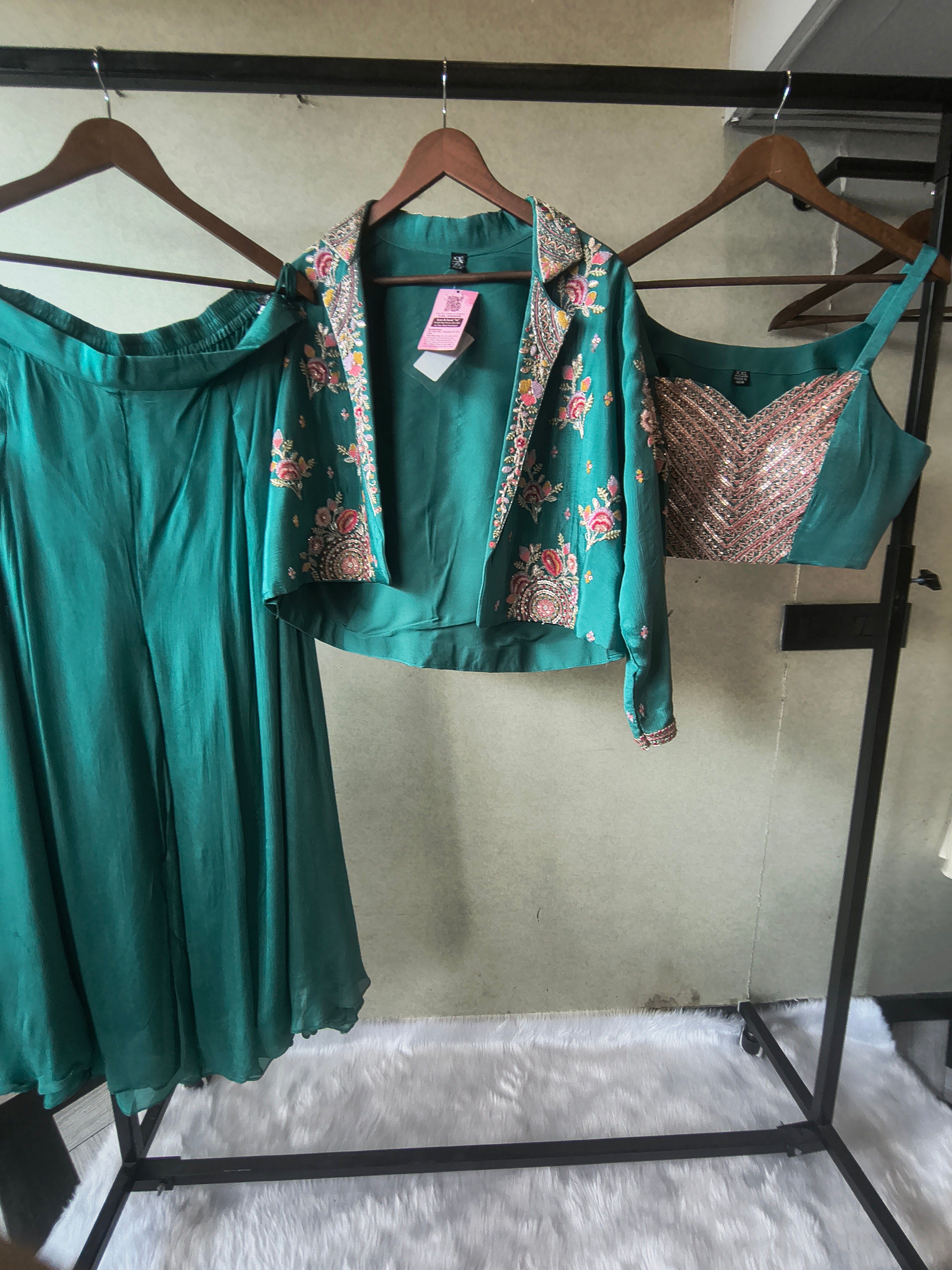 Image of Premium Emerald Green 3-Piece Designer Palazzo Set with Heavy Embroidered Jacket & Sequins Blouse