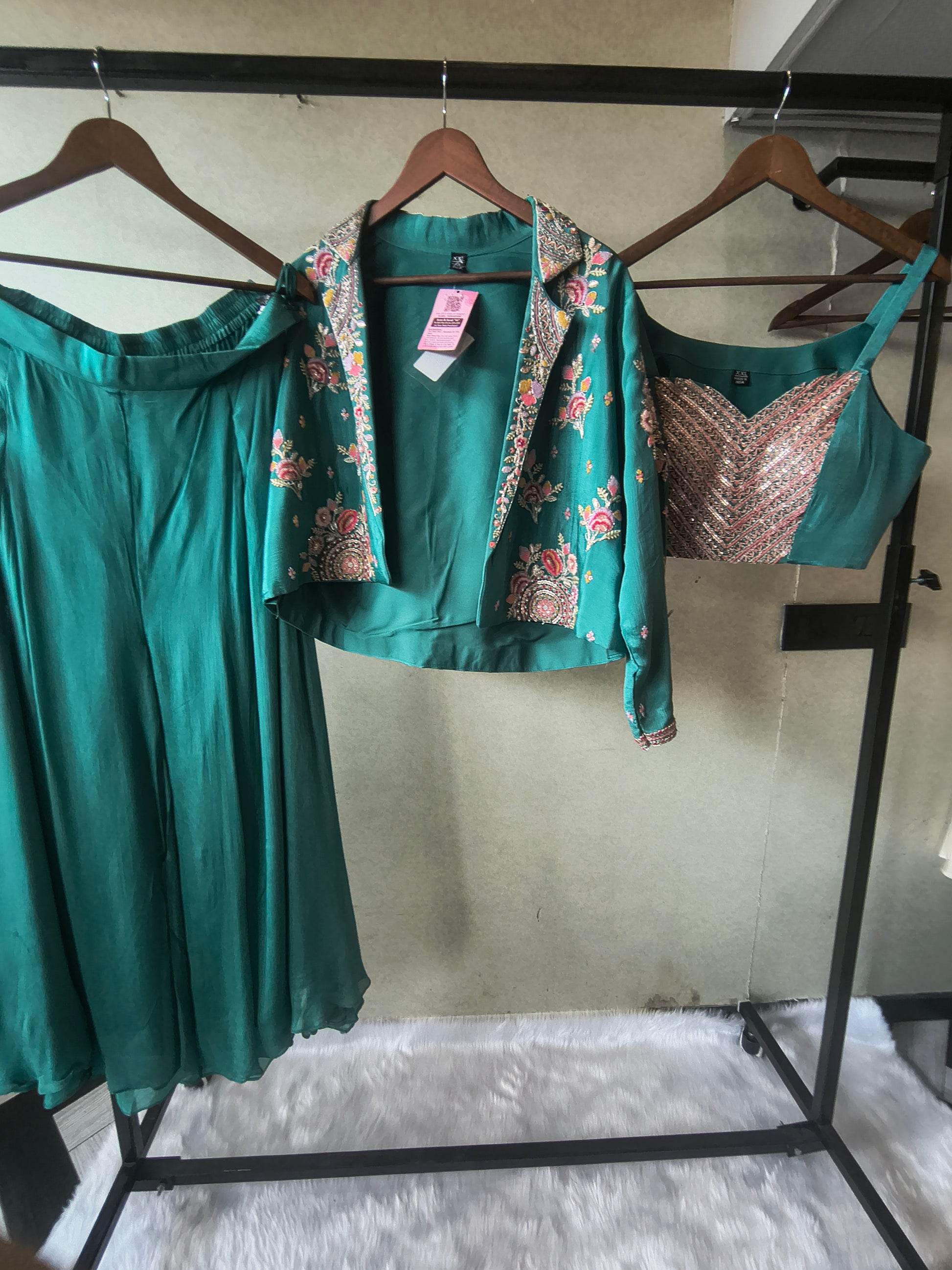 Premium Emerald Green 3-Piece Designer Palazzo Set with Heavy Embroidered Jacket & Sequins Blouse