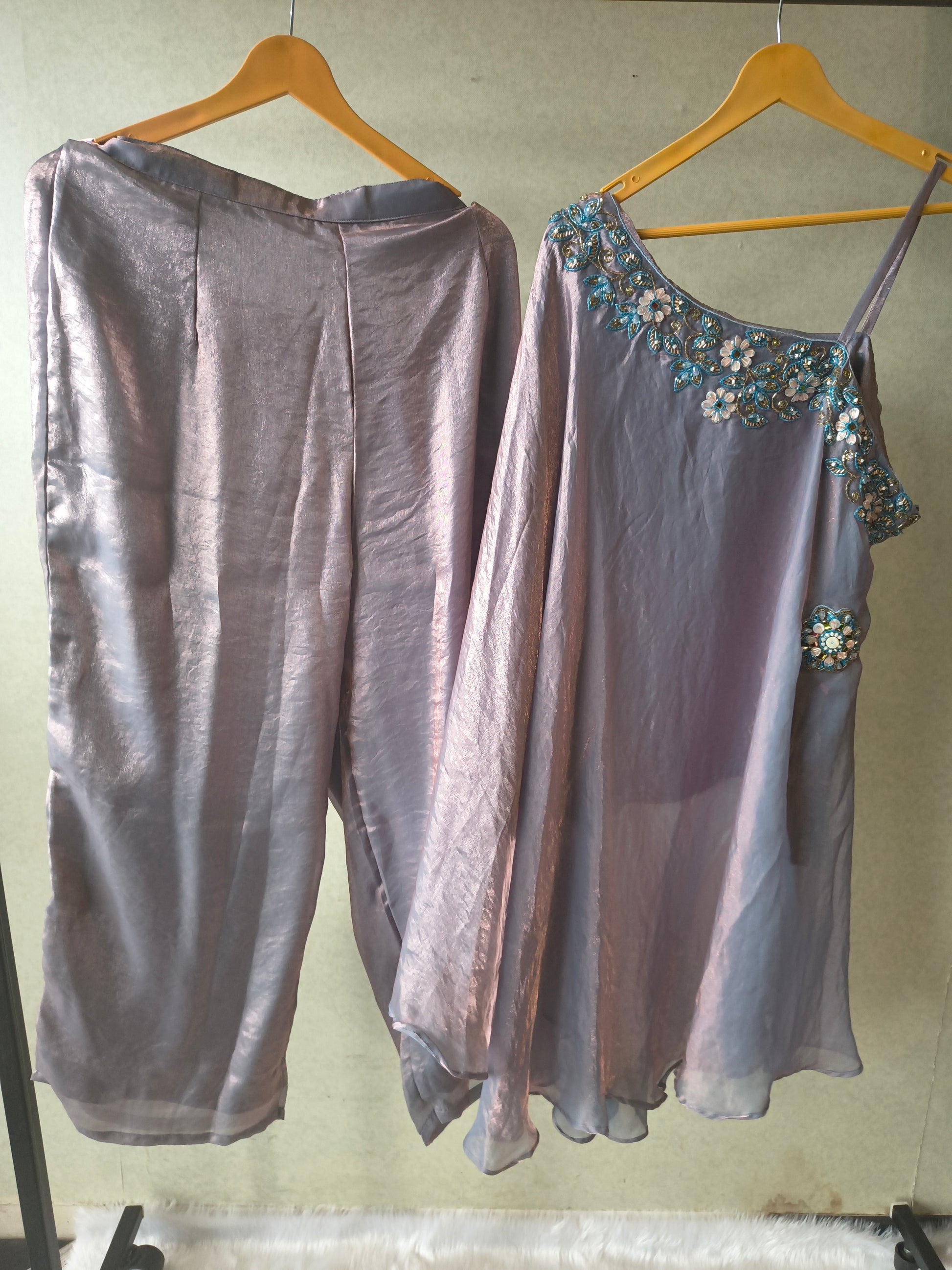 Designer Lilac One-Shoulder Cape Top with Draped Tulip Pants – Luxury Indo-Western Co-Ord Set