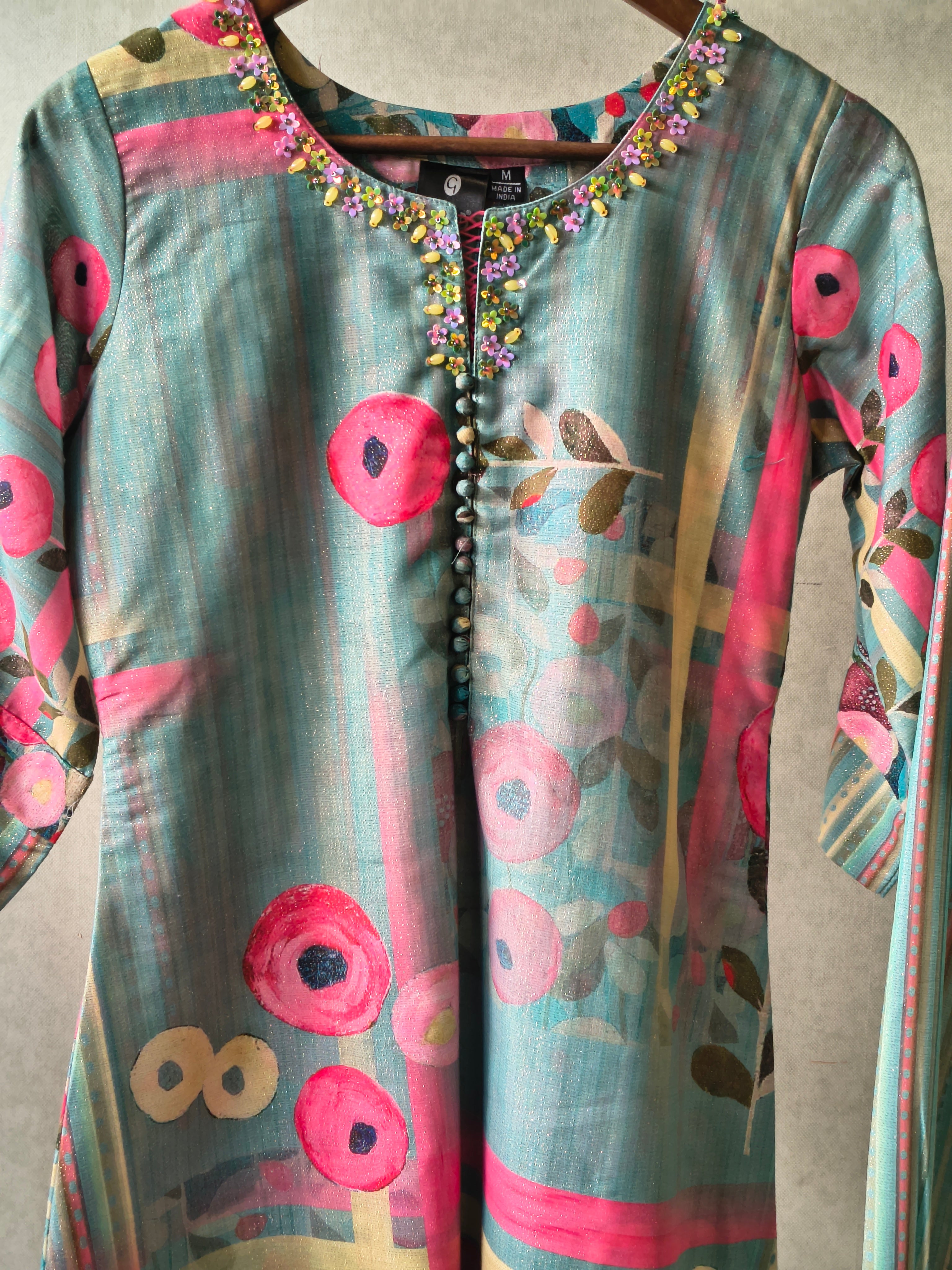 Image of Premium Aqua Blue Artistic Printed Kurta with Striped Pants Co-Ord Set