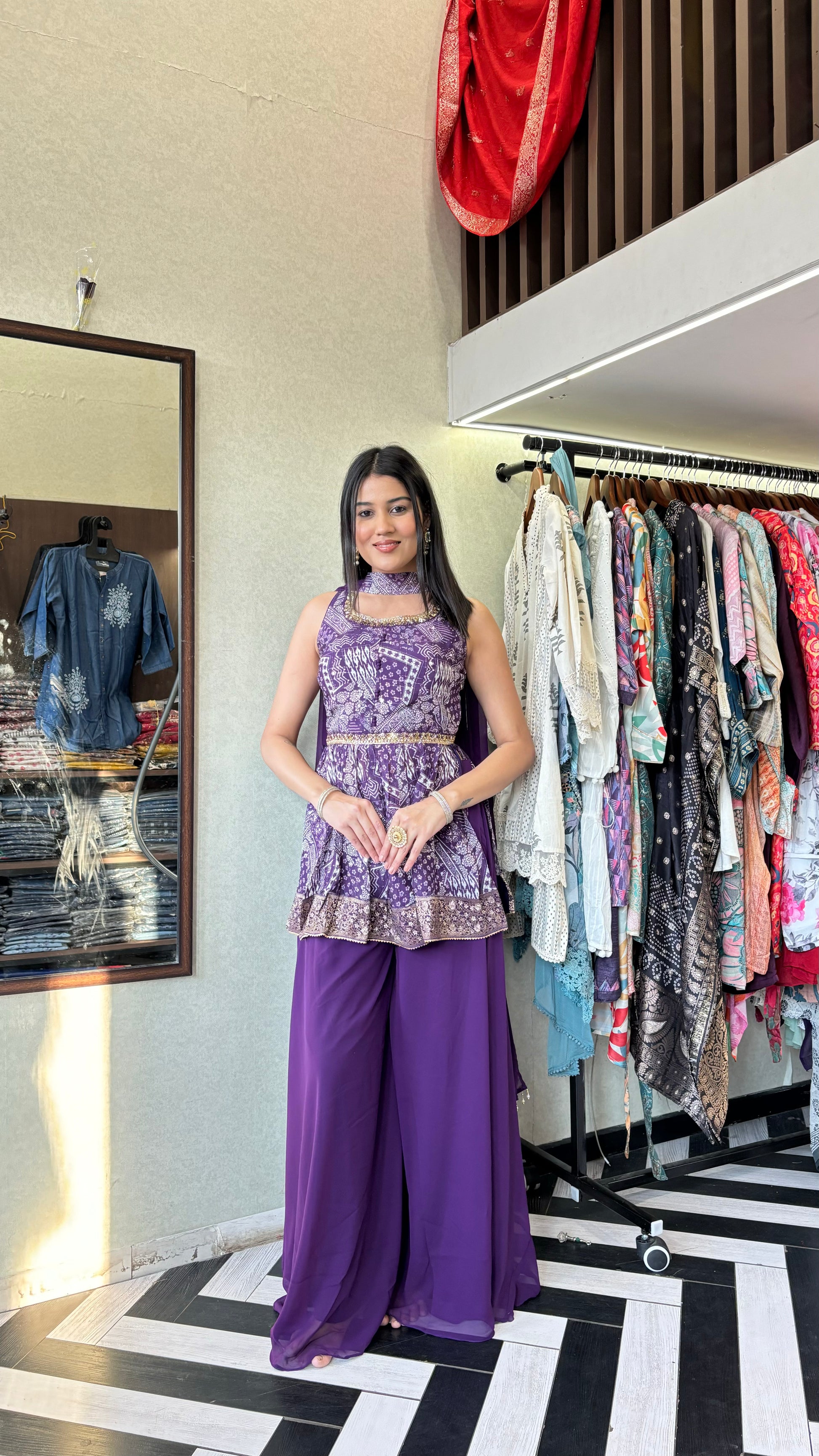 Pure Chinnon Indo Western Piece with Hand work