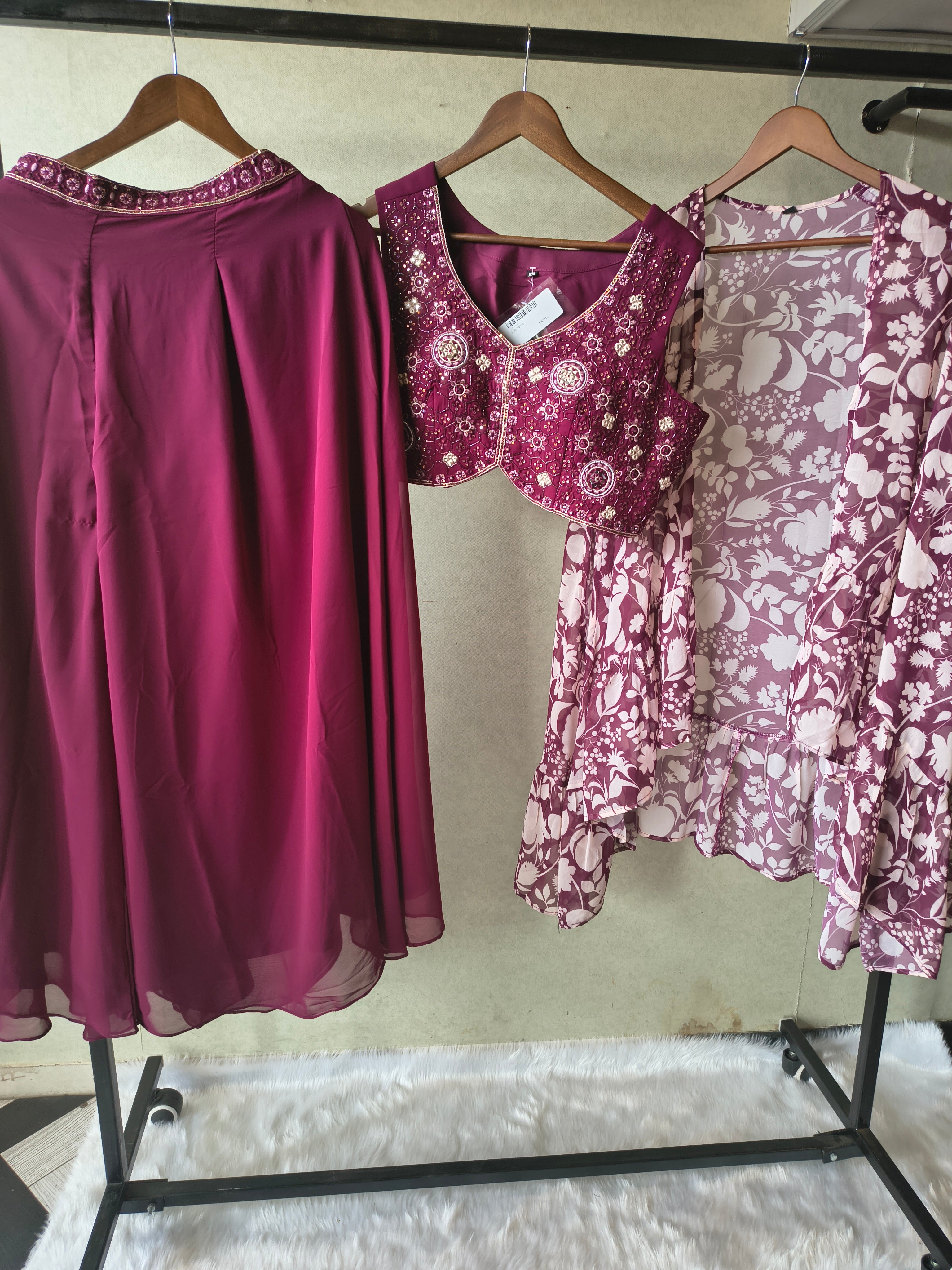 Image of Luxury Wine Embroidered Blouse with Printed Peplum Jacket & Flared Palazzo – 3 Piece Designer Indo-Western Set