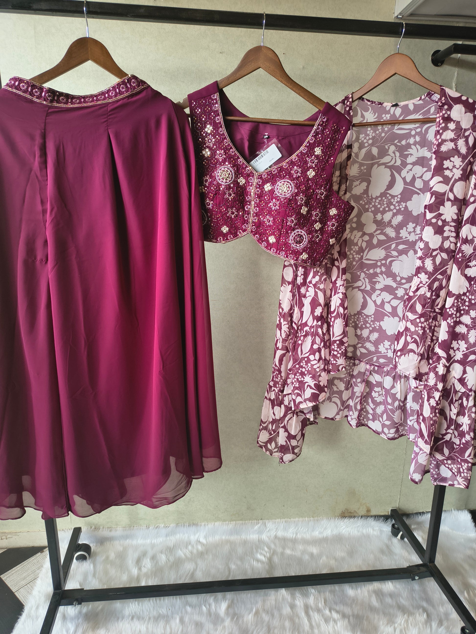 Luxury Wine Embroidered Blouse with Printed Peplum Jacket & Flared Palazzo – 3 Piece Designer Indo-Western Set