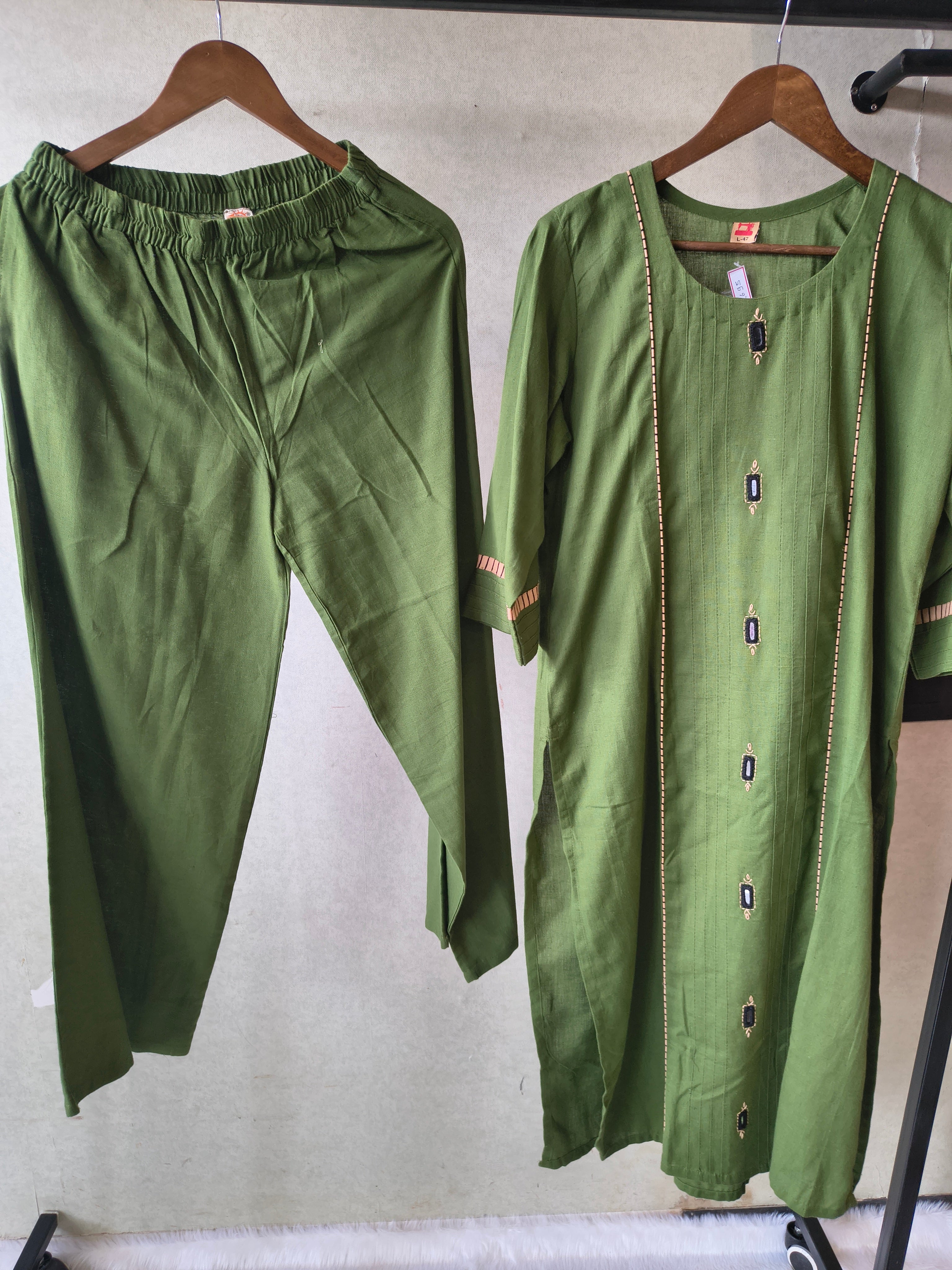 Image of Tadko Premium Olive Green Straight Kurta Co-Ord Set with Embellished Yoke
