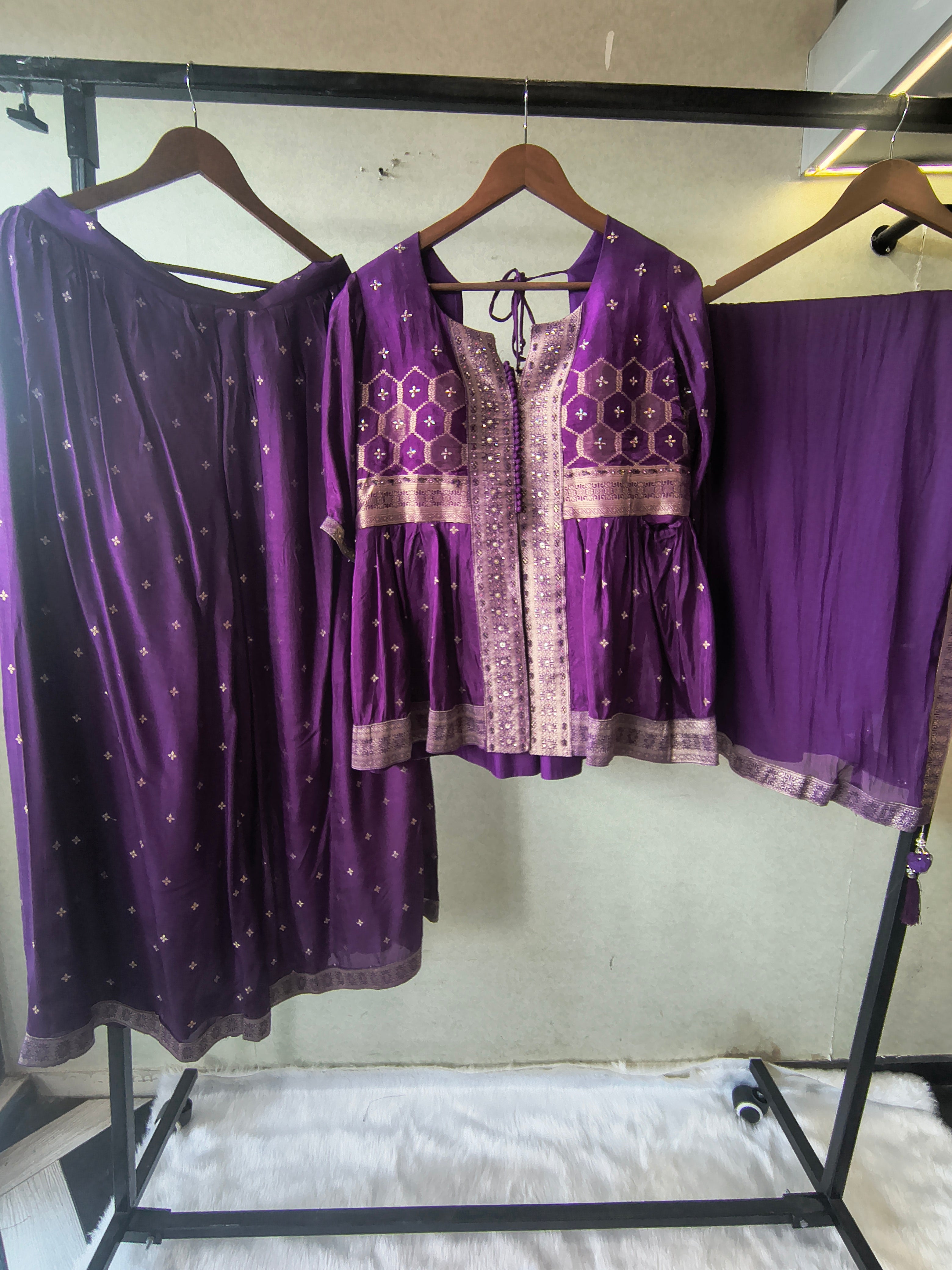 Image of Royal Purple Tissue Silk Embroidered Peplum Jacket with Flared Palazzo & Designer Dupatta – 3 Piece Festive Indo-Western Set
