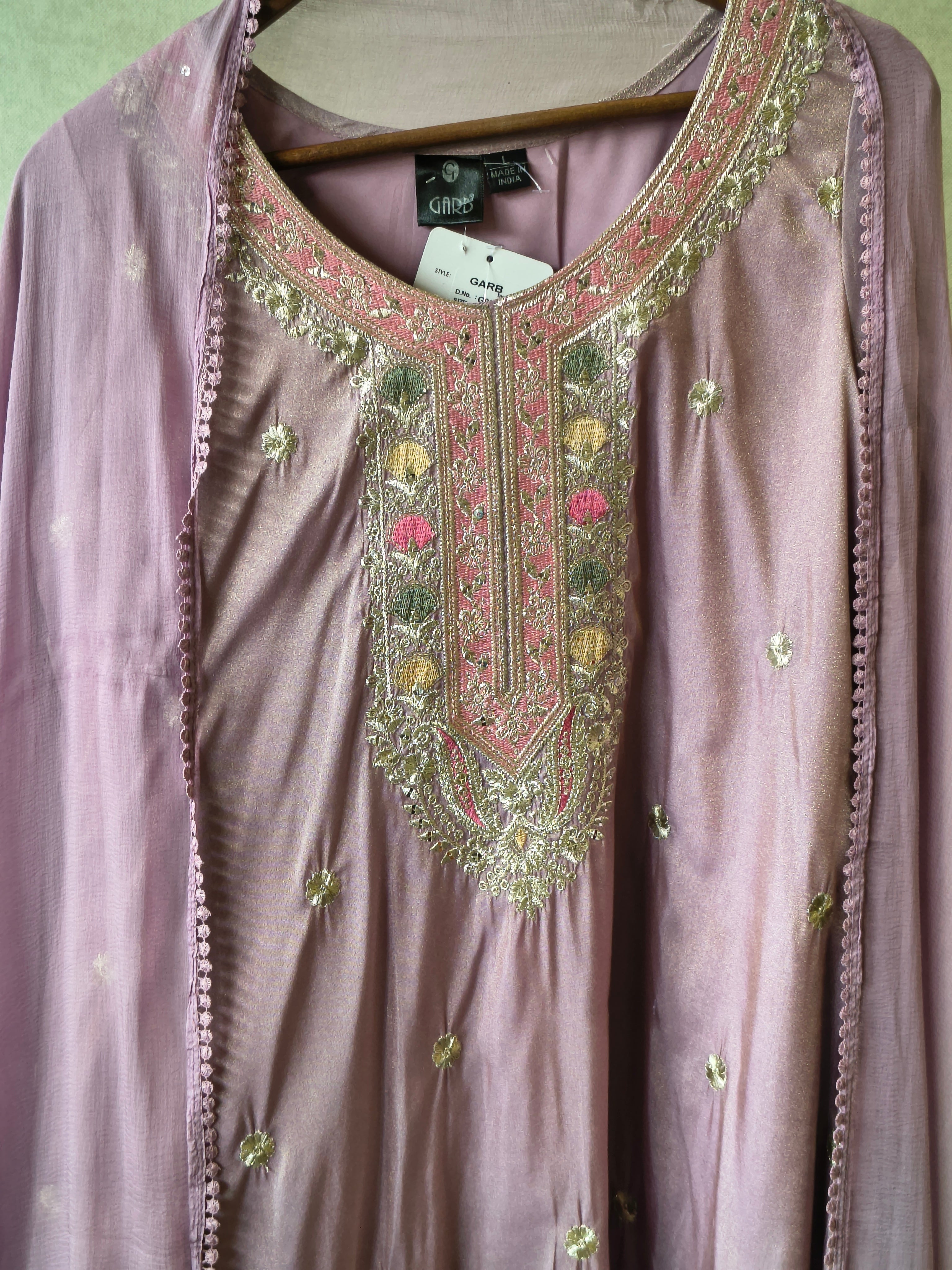 Image of Premium Dusty Lilac Embroidered Kurta Set with Lace Hem & Dupatta