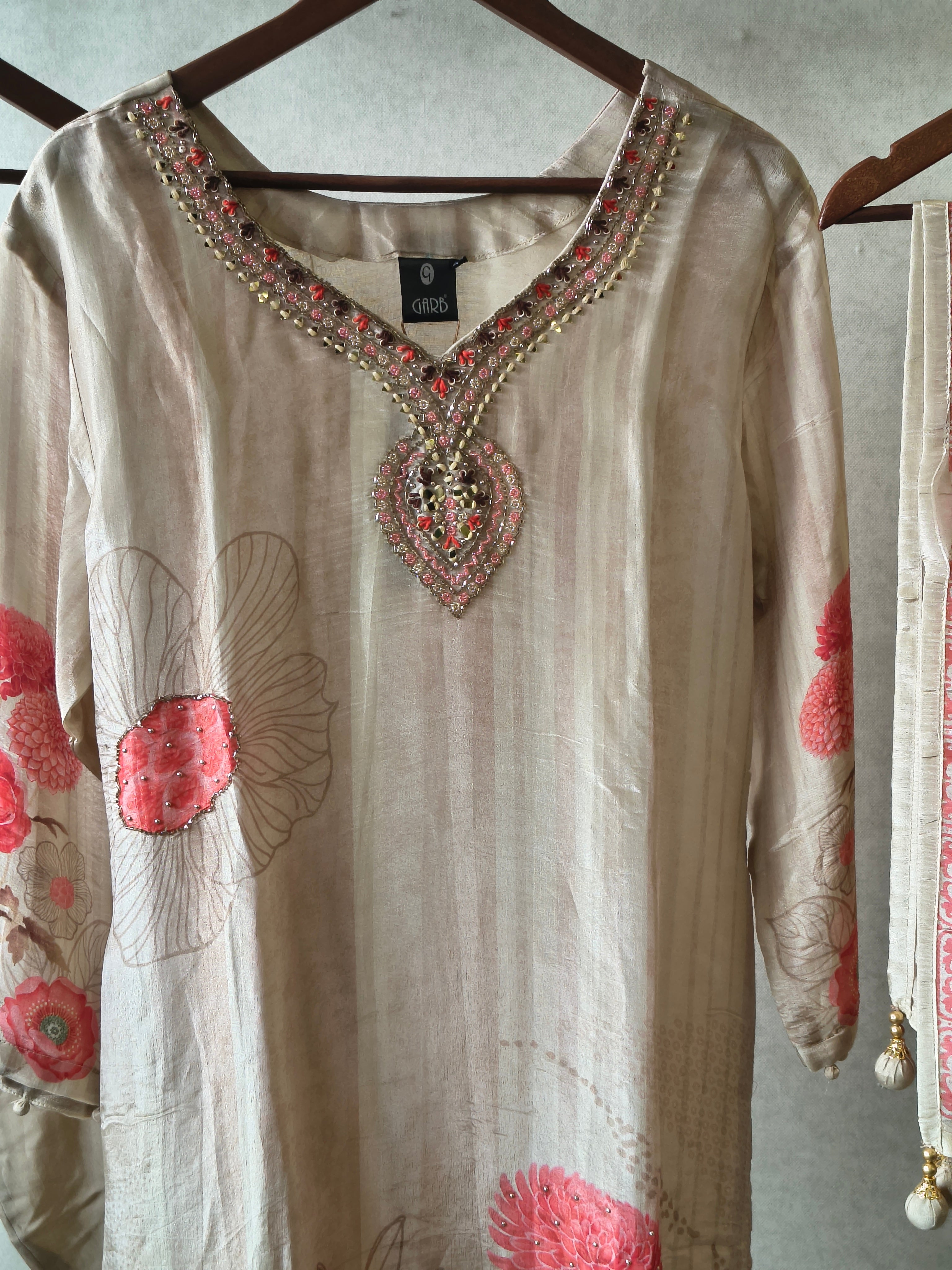 Image of Beige Floral Printed Silk Blend Kurta Set with Hand-Embellished Neckline & Designer Dupatta – Premium 3 Piece Ethnic Ensemble