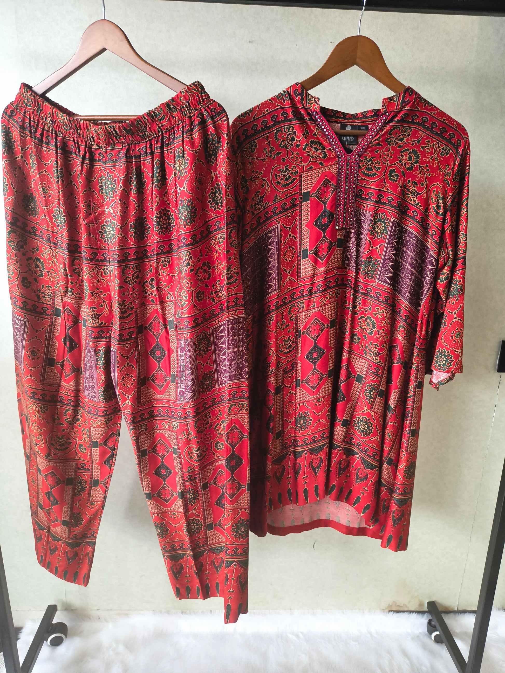 Premium Rust Red Tribal Print Co-Ord Kurta Set with Straight Pants